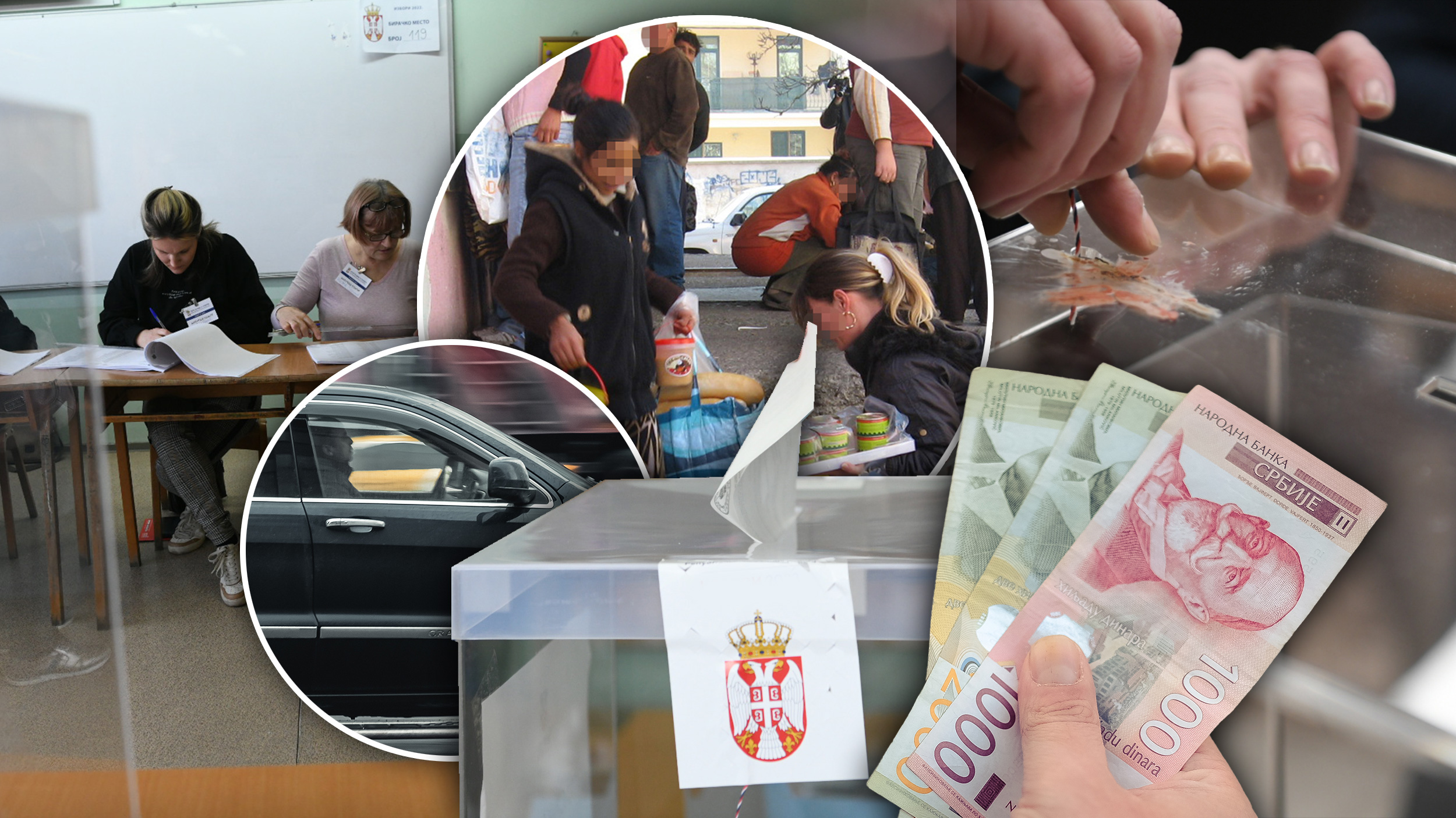 : glasačka kutija, birački odbor, crni džipovi koji simbolizuju ucene kod biračkih mesta, možda neka fotka gde se daje pomoć da bi se glasalo + pariceee