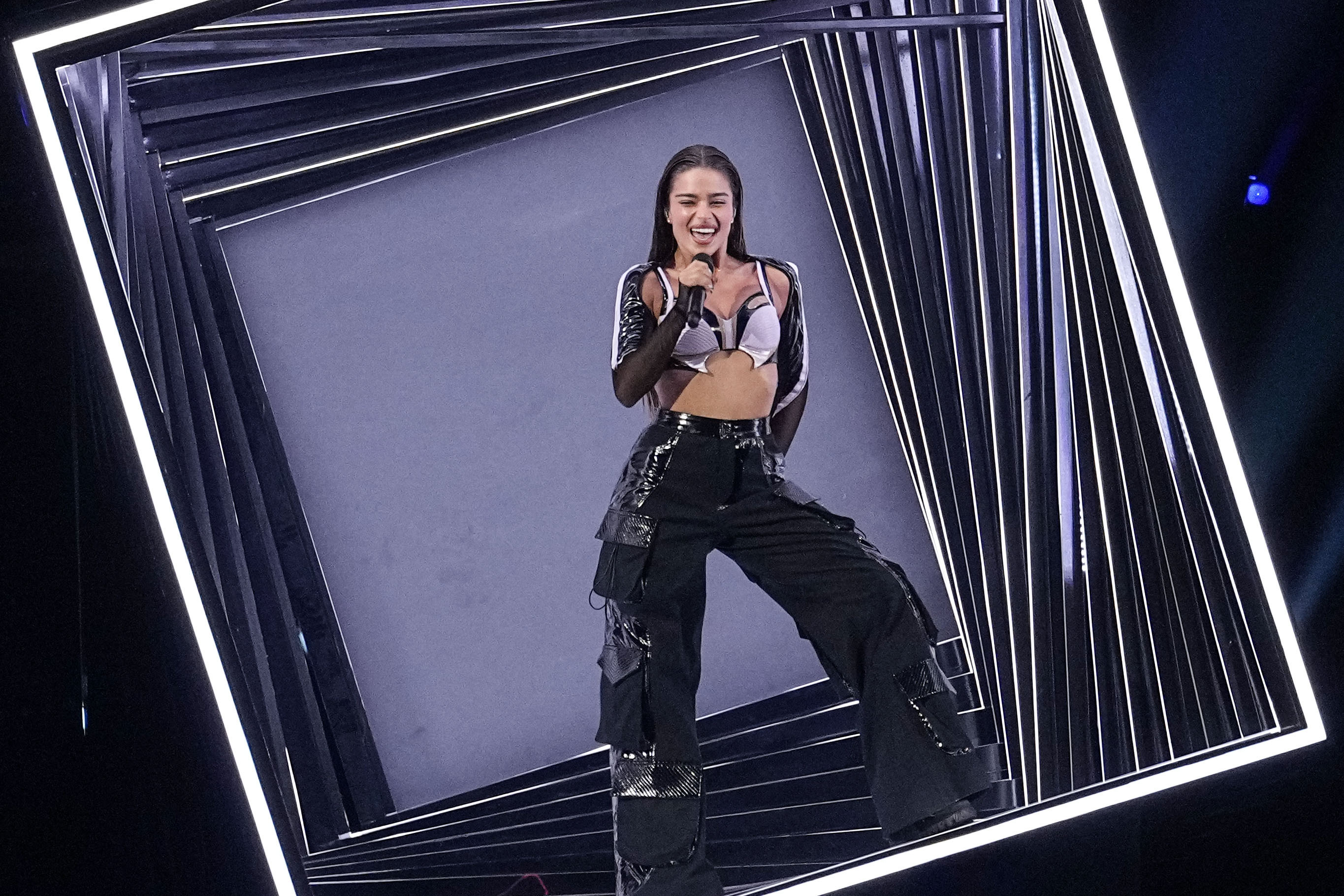 Noa Kirel of Israel performs during a dress rehearsel for the first semifinal at the Eurovision Song Contest at the M&amp;S Bank Arena in Liverpool, England, Monday, May 8, 2023. (AP Photo/Martin Meissner)