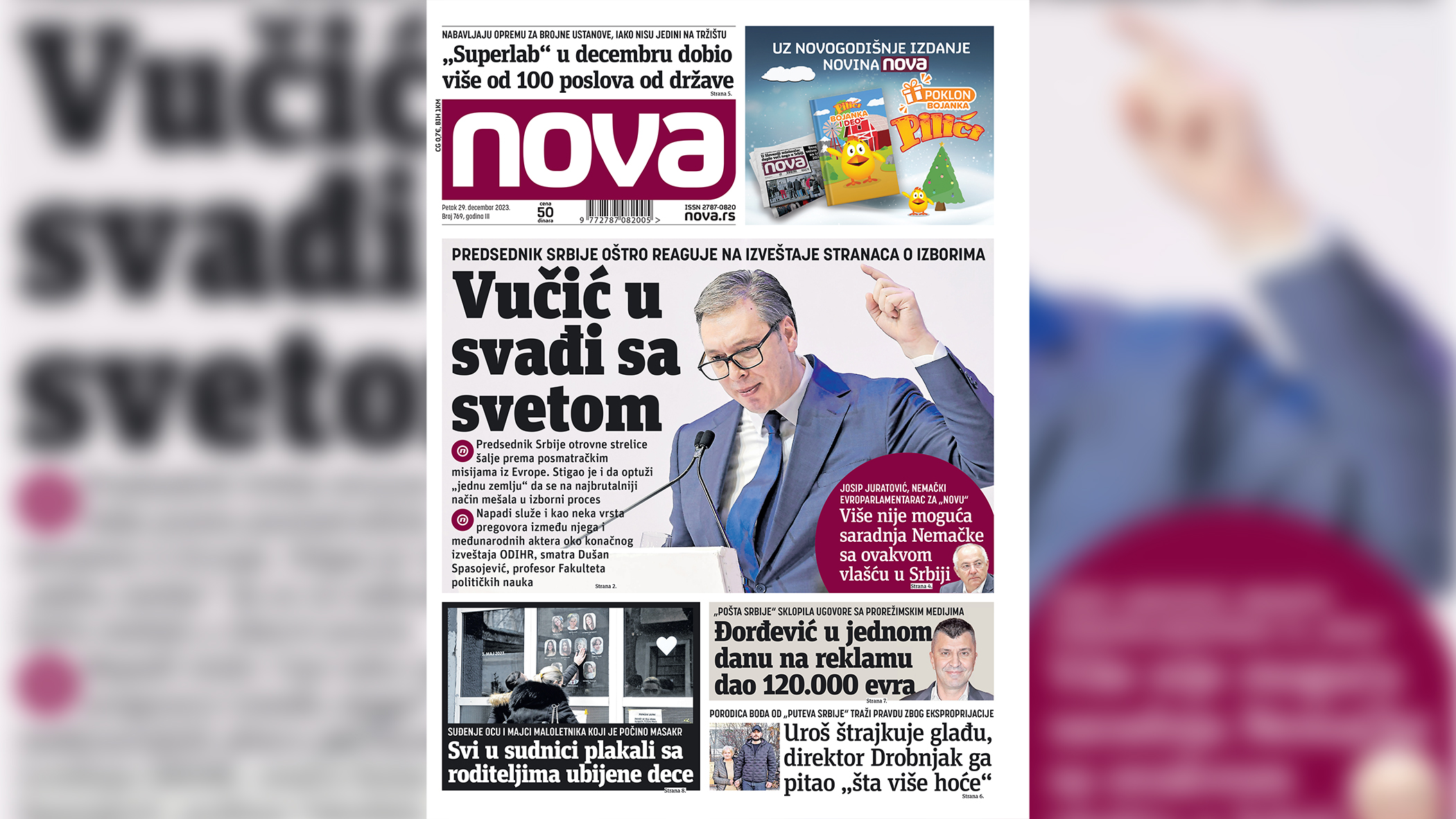 Naslovna strana dnevnih novina Nova za petak 29. decembar 2023. godine