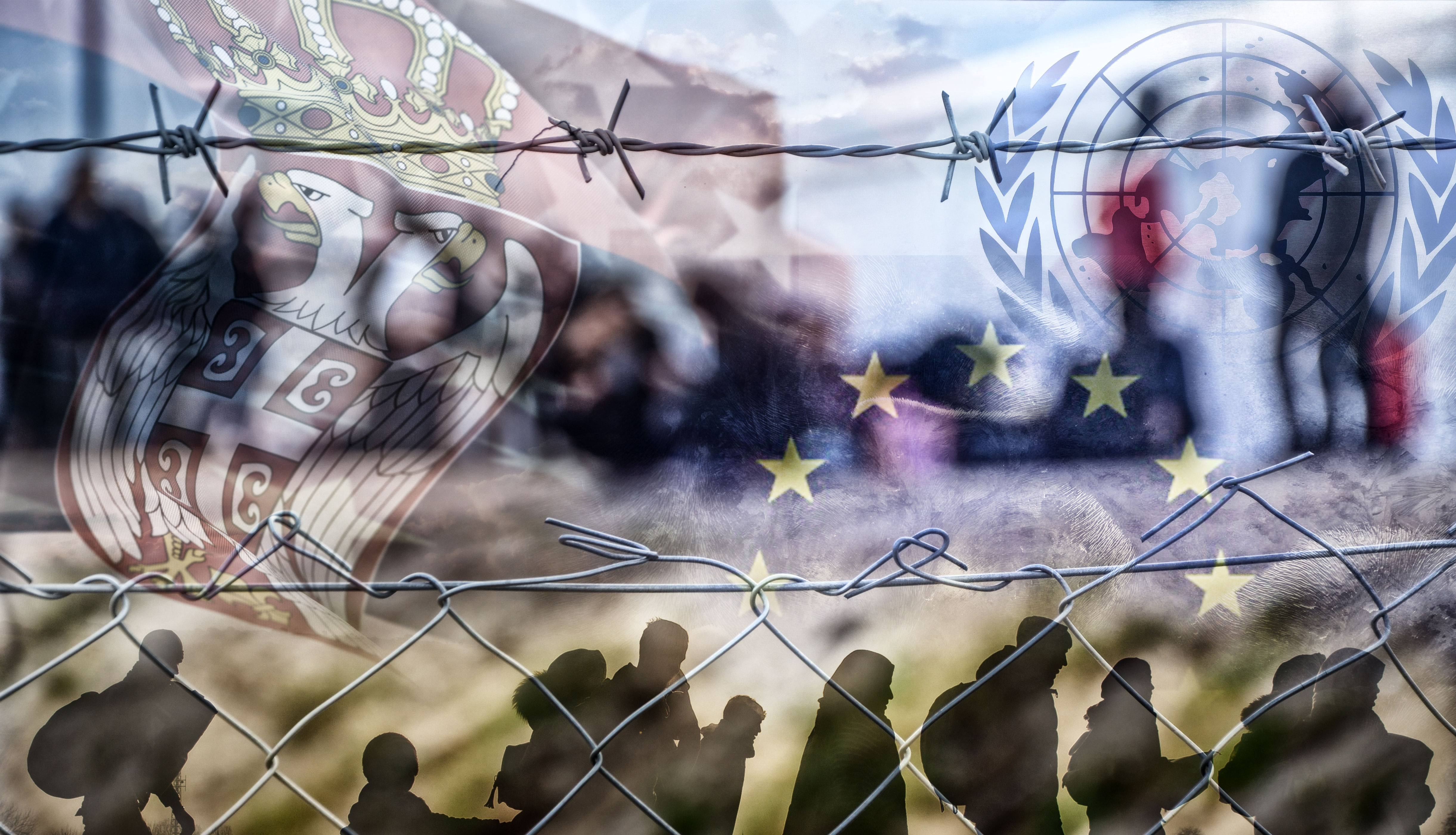 sledeći kombo: 
migranti, zastava Srbije, emblem Ujedinjenih nacija, zastava SAD, grb Evropske unije migranti, trgovina ljudima, SAD, EU, UN, Linglong
, sankcije, vizni režim Close up of the us flag against country scene