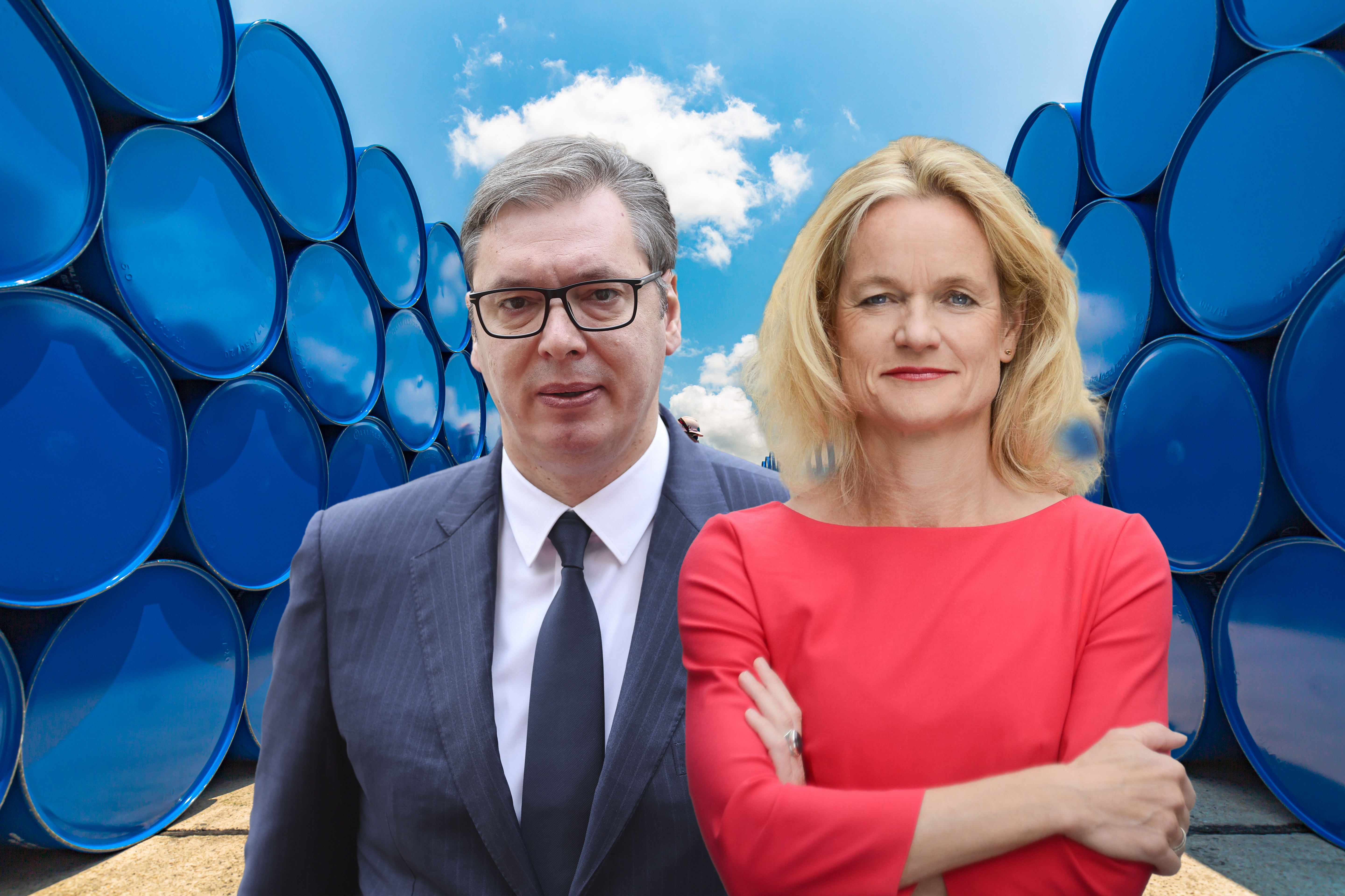 Male worker inspection record drum oil stock barrels blue horizontal or chemical for in industry Viola fon Kramon, Vučić i nafta neka u pozadini