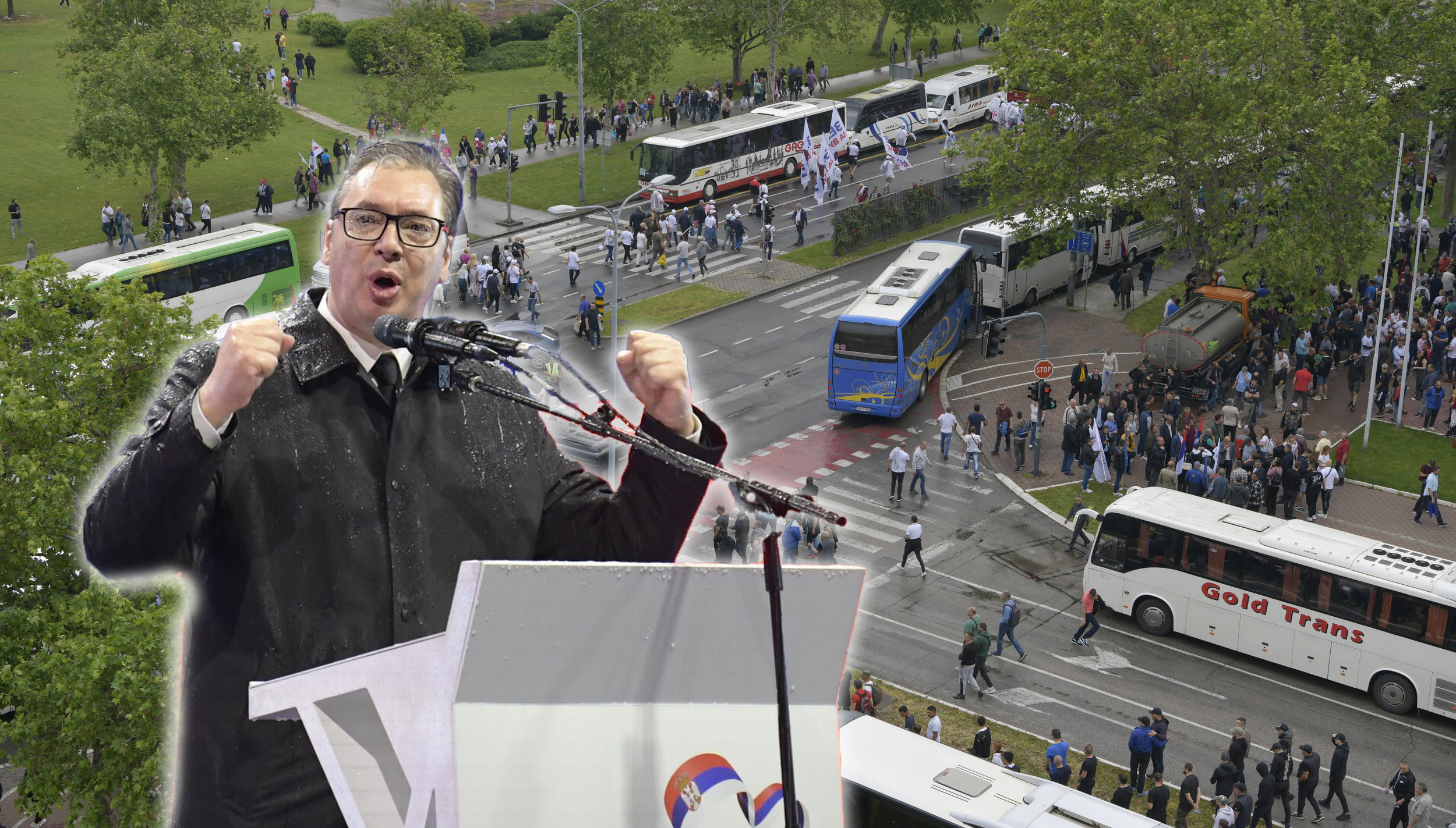 Aleksandar Vučić, sns kontramiting, autobusi kombo