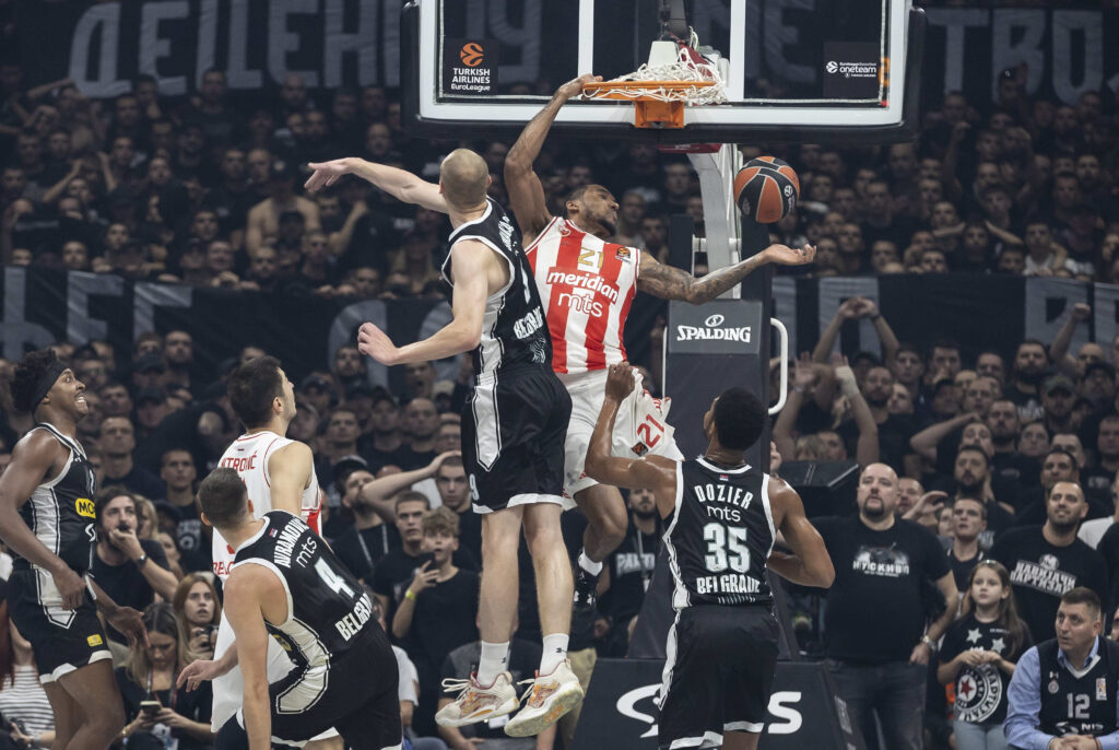 during the 2023/2024 Turkish Airlines EuroLeague match between Partizan Mozzart Bet Belgrade v Crvena Zvezda at Stark Arena on October 26, 2023 in Belgrade, Serbia. (Photo by Srdjan Stevanovic/Starsport.rs ©)