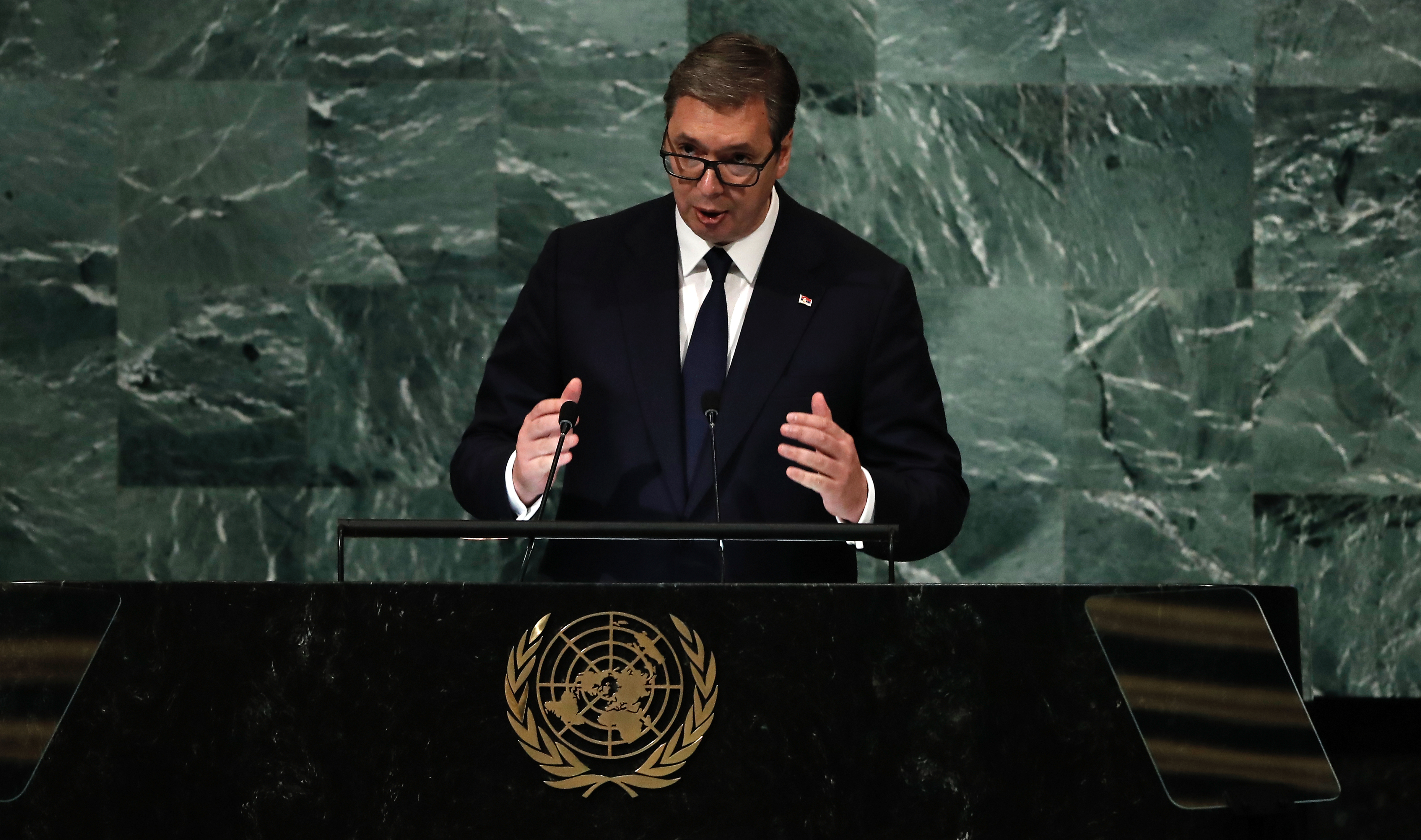 epa10197978 President of Serbia, Aleksandar Vucic delivers his  address during the 77th General Debate inside the General Assembly Hall at United Nations Headquarters in New York, New York, USA, 21 September 2022.  EPA-EFE/Peter Foley