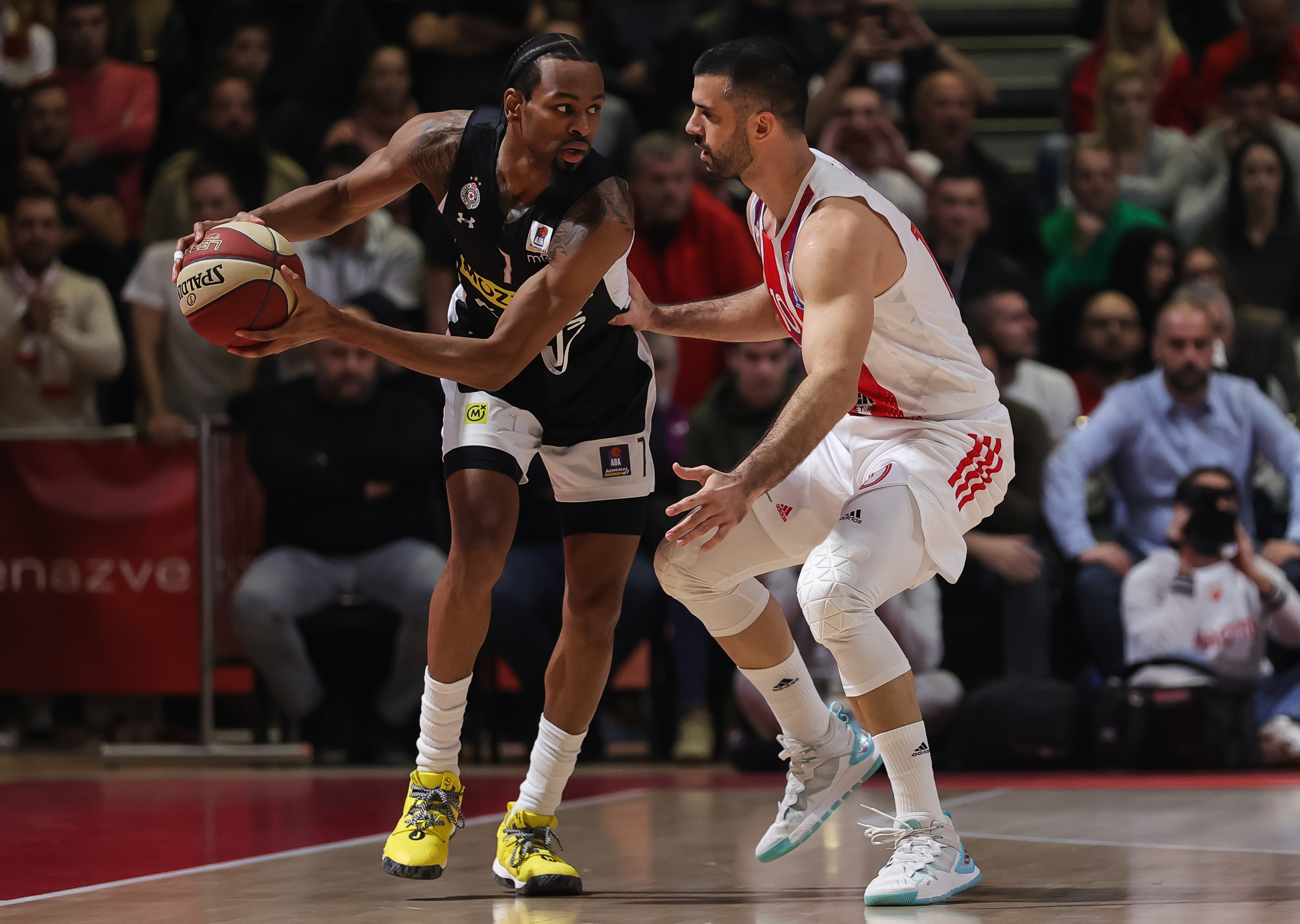 Kevin Punter (L) and Branko Lazic during the 2022/2023 Aba League match between Crvena Zvezda mts Belgrade and Partizan Mozzart Bet at Aleksandar Nikolic Hall on November 28, 2022 in Belgrade, Serbia. (Photo by Srdjan Stevanovic/Starsport.rs ©)