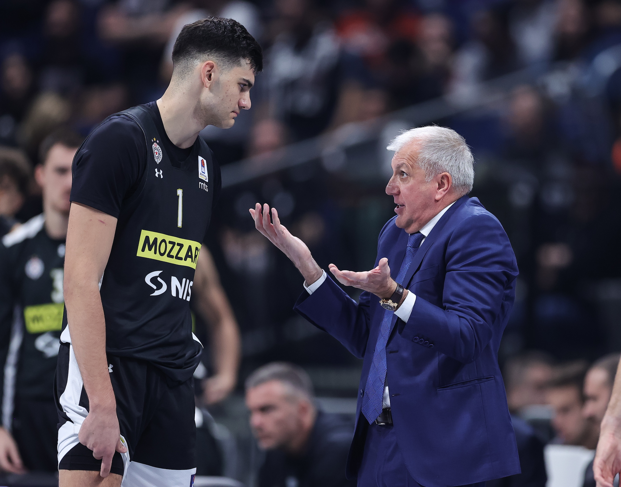 Tristan Vukcevic and Head coach Zeljko Obradovic    KK Partizan v SC Derby during the Aba League Season 2022-2023 match at Stark Arena on October 16, 2022 in Belgrade, Serbia. (Photo by Srdjan Stevanovic/Starsport.rs ©)