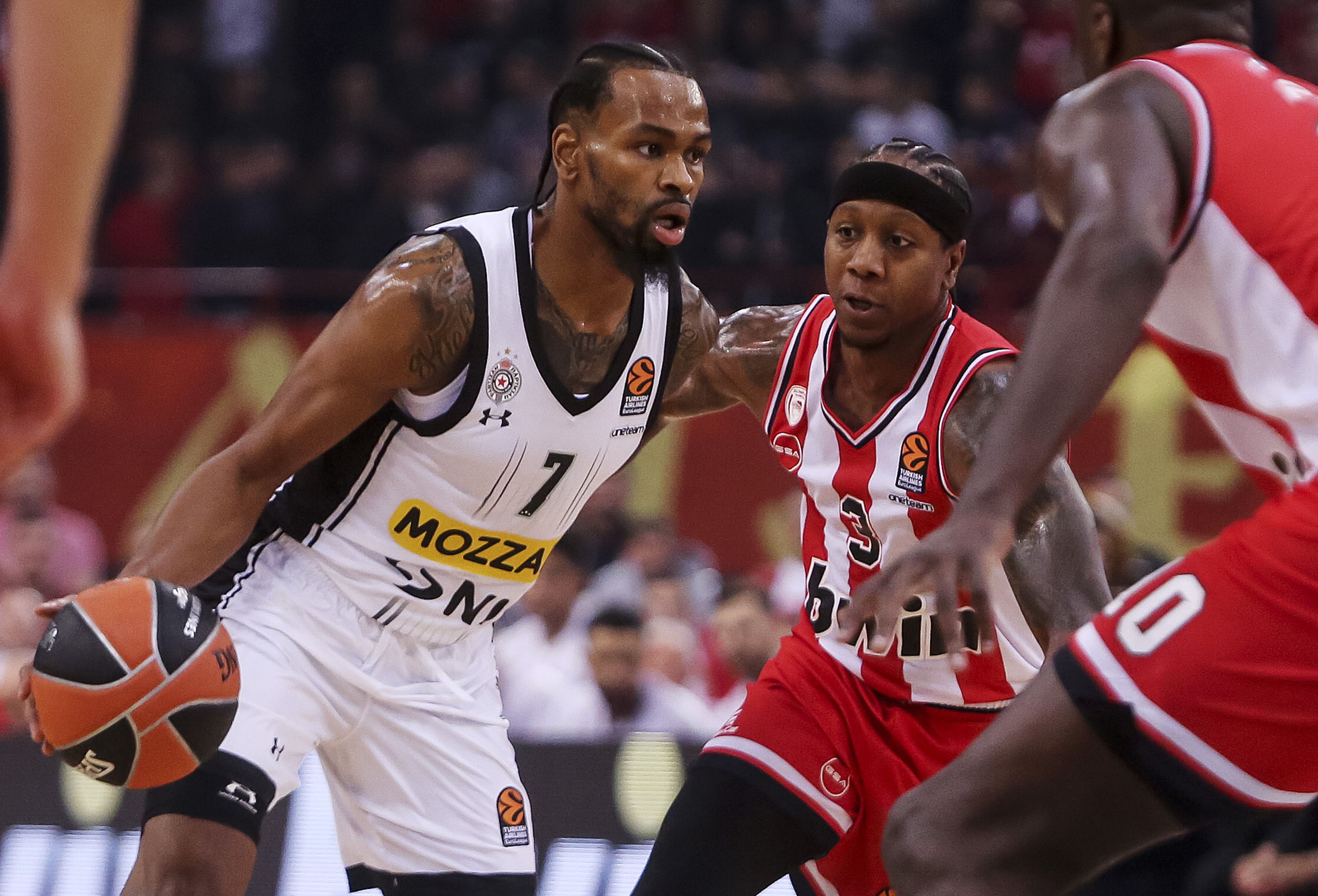 during the 2023/2024 Turkish Airlines EuroLeague match between Olympiacos and Partizan at Peace And Friendship Stadium on October 19, 2023 in Athens, Greece. (Photo by Nikola Gligic/Starsport.rs ©)