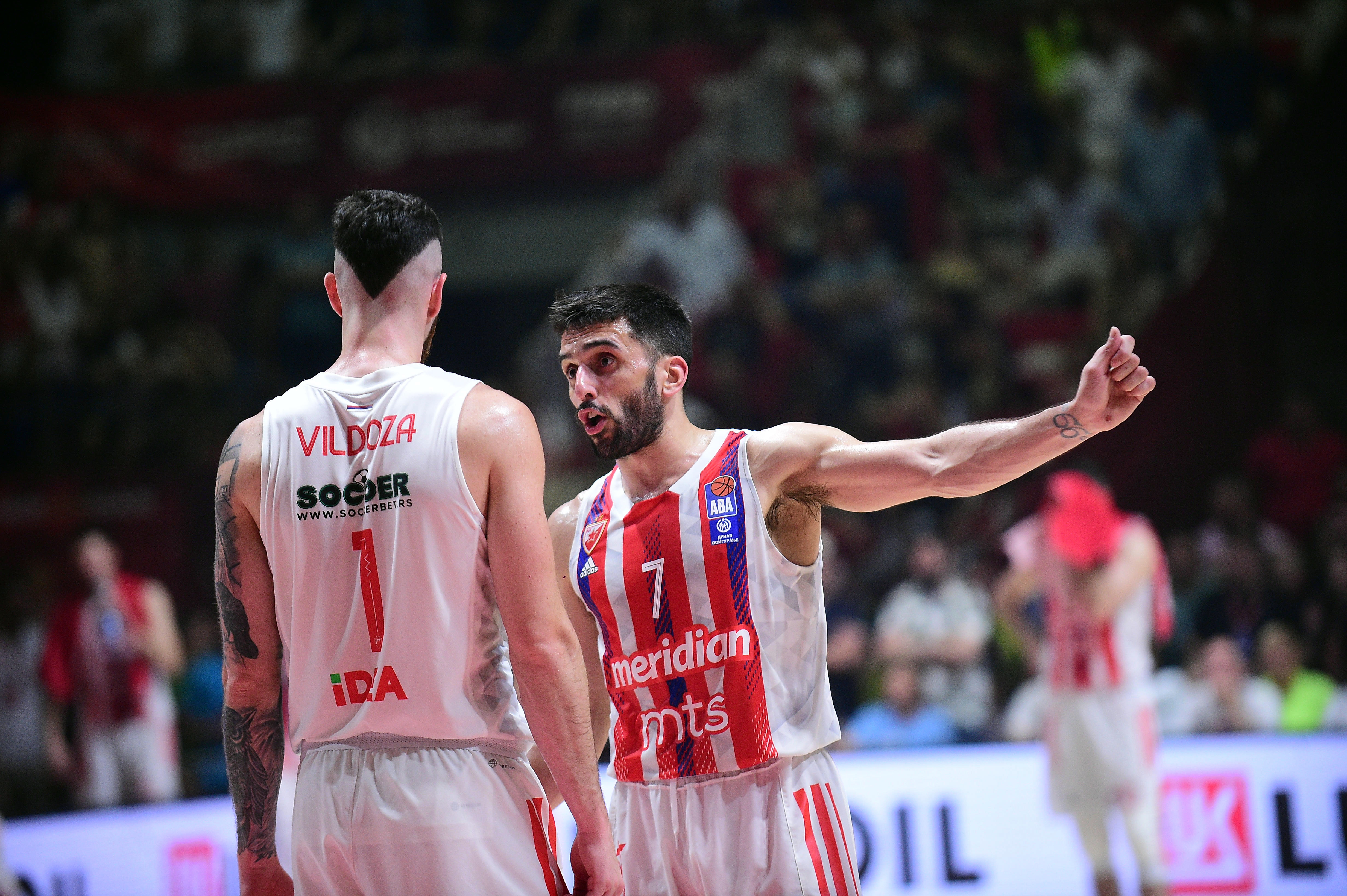 Luca Vildoza (L) and Facundo Campazzo (R) at 4th game of ABA league finals between kk Crvena Zvezda and kk Partizan, played on June 20th 2023 at Belgrade, Serbia, Aleksandar Nikolic hall. (Photo by Dusan Milenkovic/Starsport.rs ©)
