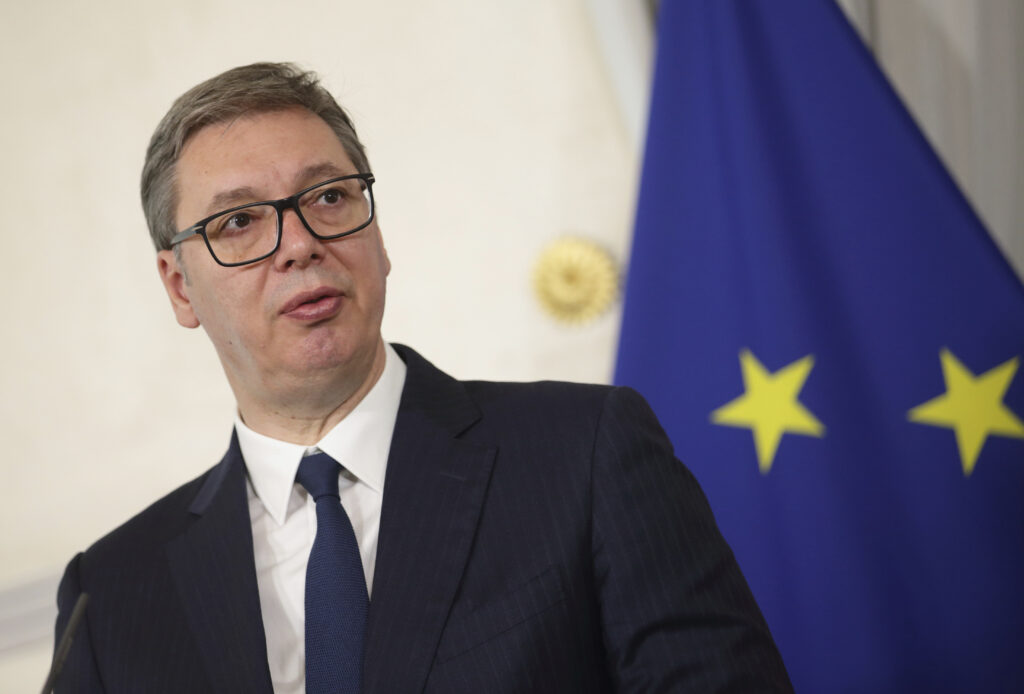 Serbia's President Aleksandar Vucic addresses the media during a press conference as part of a migration summit in Vienna, Austria, Friday, July 7, 2023. (AP Photo/Heinz-Peter Bader)