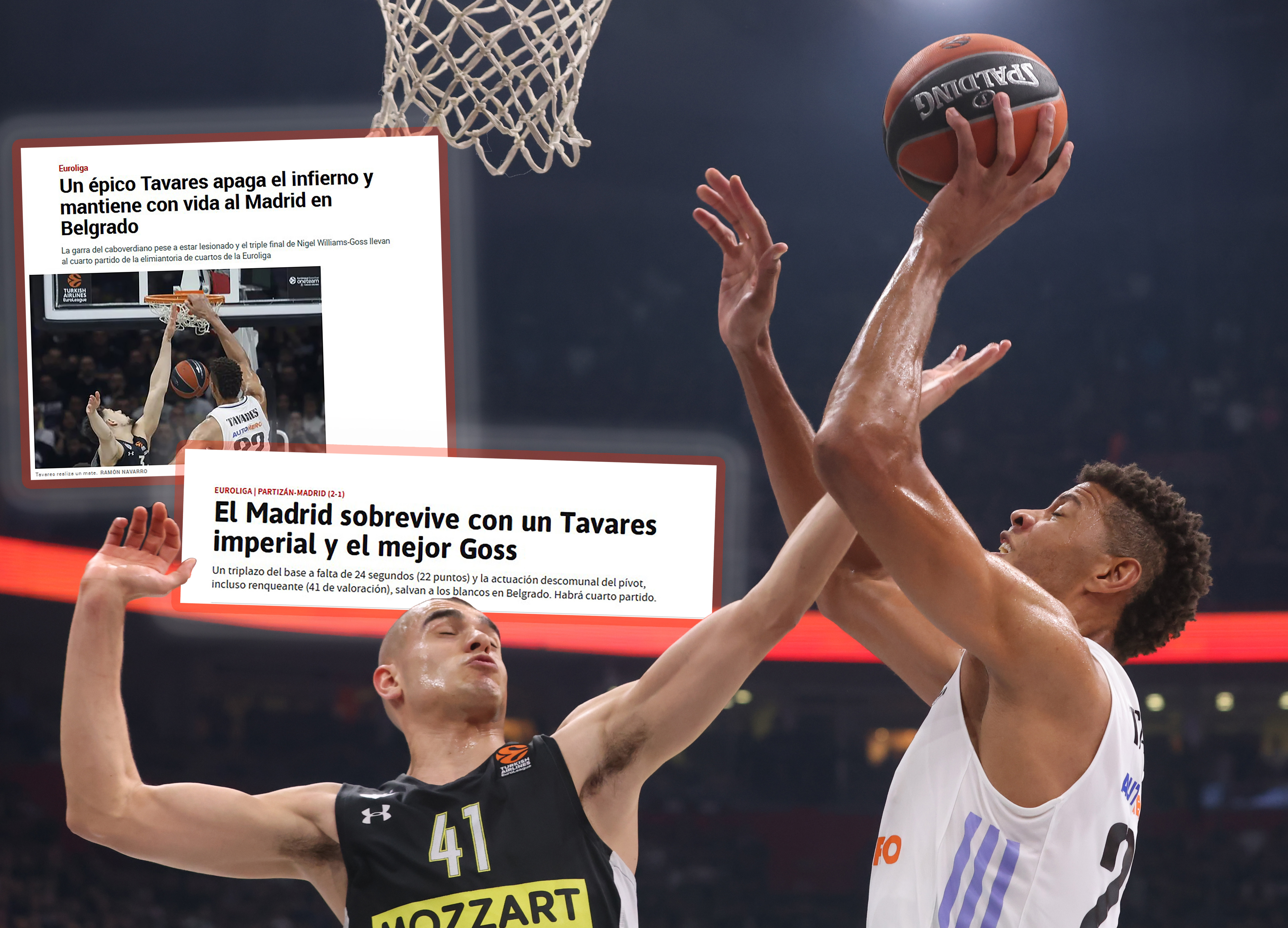 epa10604964 Real Madrid's Walter Tavares (R) in action against XPartizan's Yam MadarX (L) during the Euroleague basketball match between Partizan Belgrade and Real Madrid in Belgrade, Serbia, 02 May 2023.  EPA-EFE/ANDREJ CUKIC