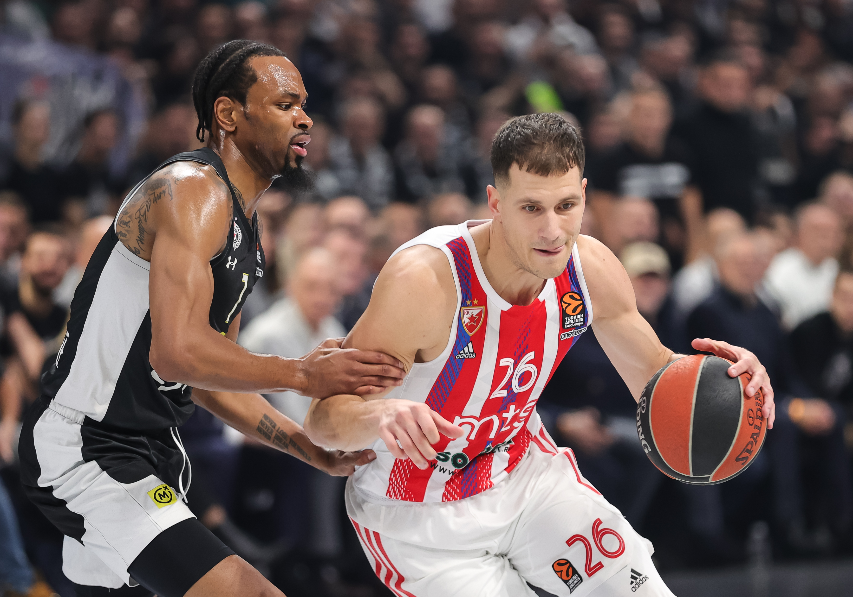 Nemanja Nedovic (R) and Kevin Punter during the Turkish Airlines EuroLeague match between Partizan Mozzart Bet Belgrade and Crvena Zvezda mts Belgrade at Stark Arena on December 08, 2022 in Belgrade, Serbia. (Photo by Srdjan Stevanovic/Starsport.rs ©)
