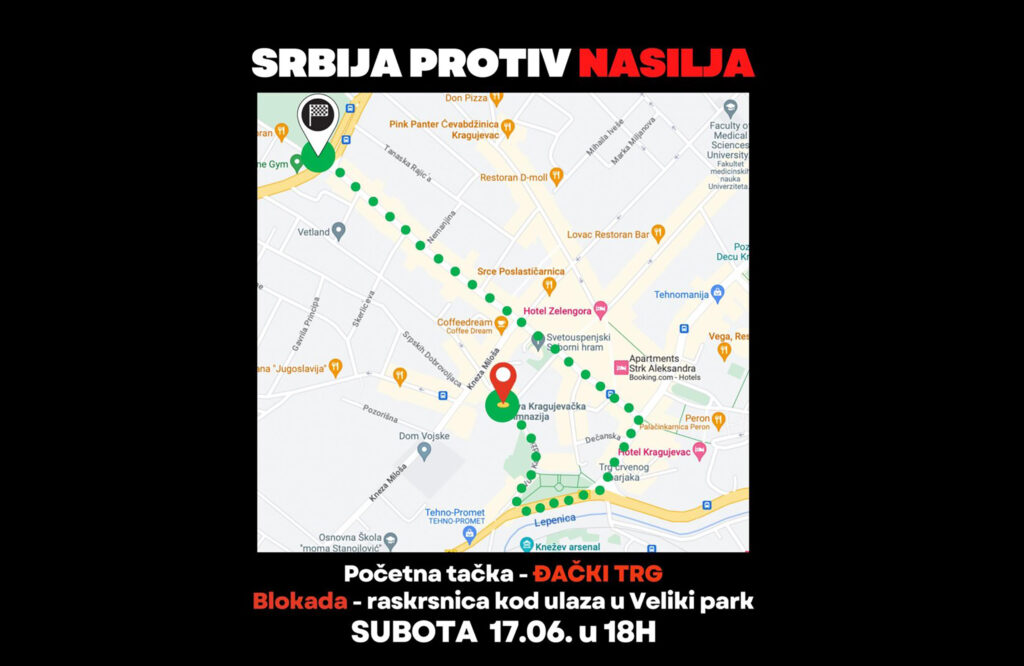mapa za protestnu šetnju koja će u subotu biti održana u Kragujevcu, na protestu Srbija proiv nasilja, Kragujevac setnja