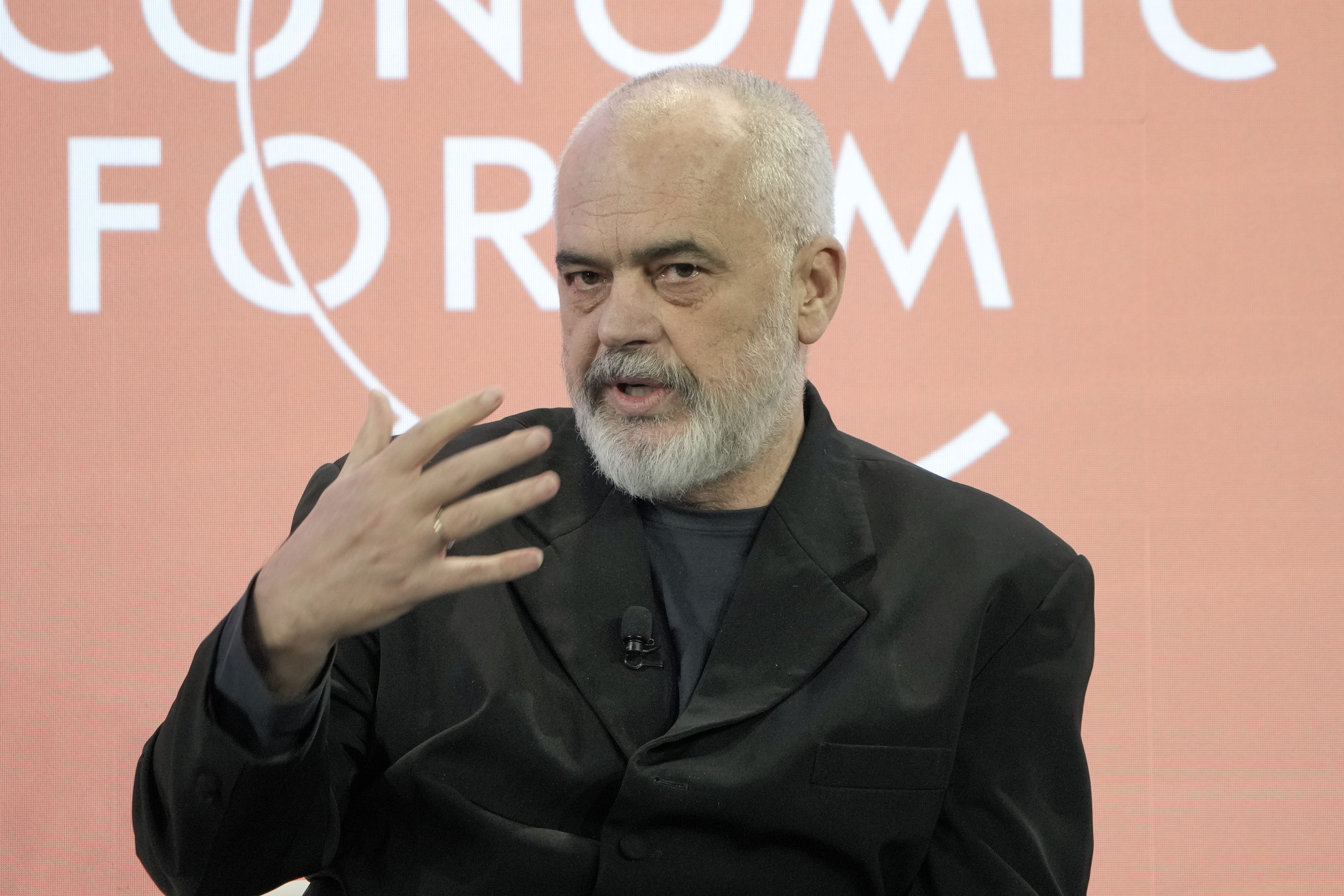 Prime Minister of Albania Edi Rama speaks at the World Economic Forum in Davos, Switzerland Thursday, Jan. 19, 2023. The annual meeting of the World Economic Forum is taking place in Davos from Jan. 16 until Jan. 20, 2023. (AP Photo/Markus Schreiber)