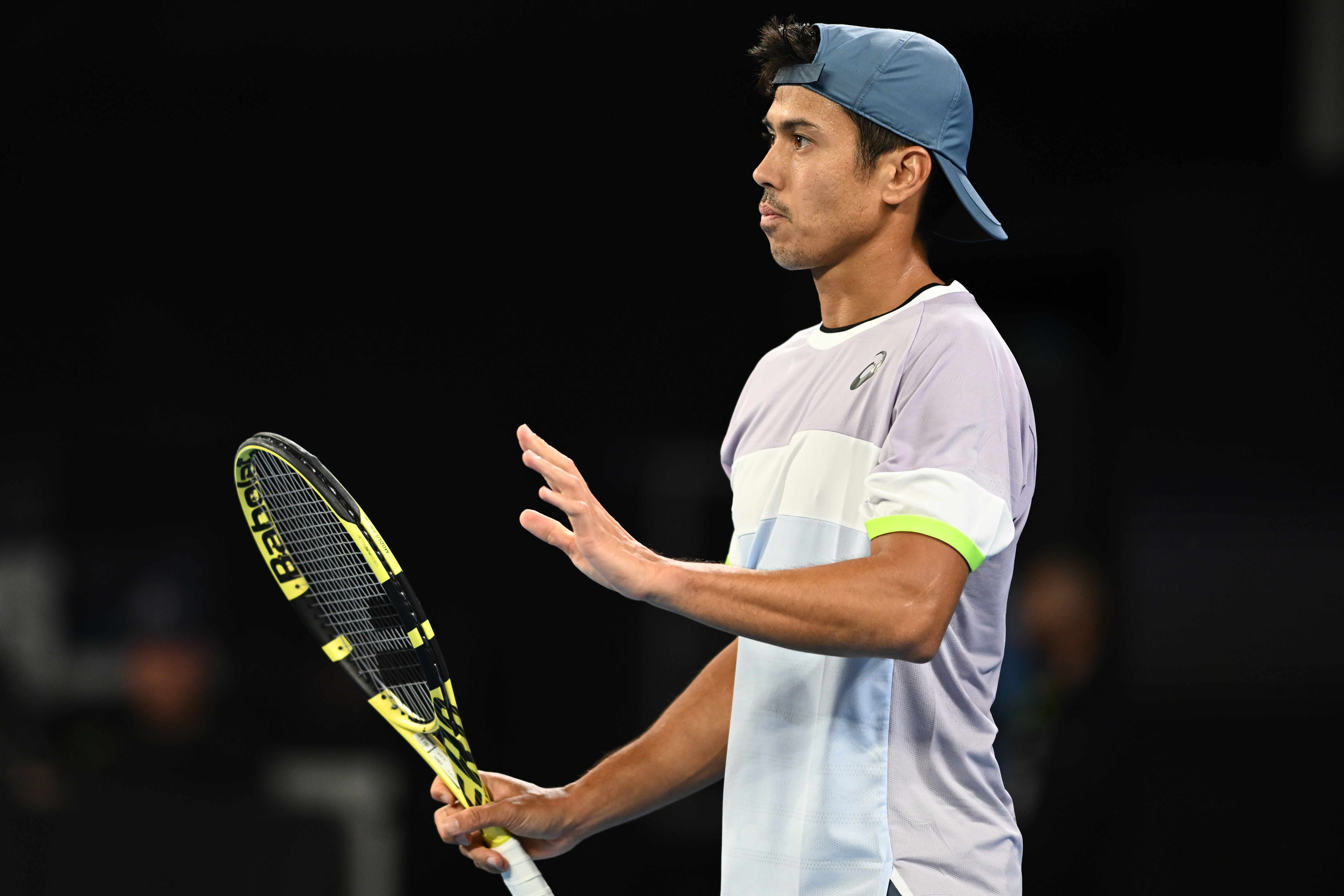epa10412591 Jason Kubler of Australia reacts during his match against Karen Khachanov of Russia at the 2023 Australian Open tennis tournament in Melbourne, Australia, 18 January 2023.  EPA-EFE/LUKAS COCH AUSTRALIA AND NEW ZEALAND OUT