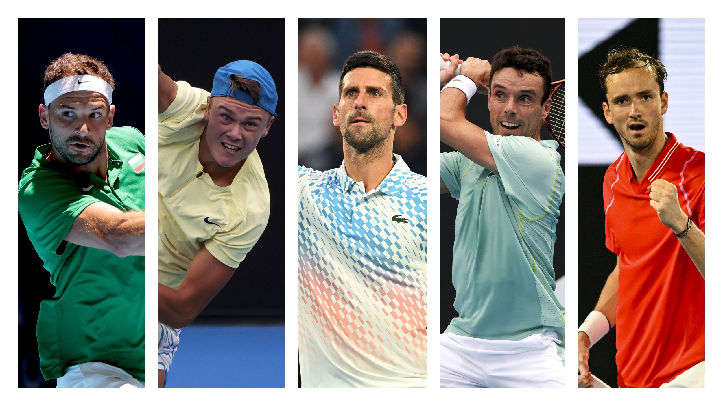 Novak Đoković bude u sredini, a sa leve strane Grigor Dimitrov (Bugarska), Holger Rune (Danska), a sa desne Roberto Bautista-Agut (Španija) i Danil Medvedev (Rusija).