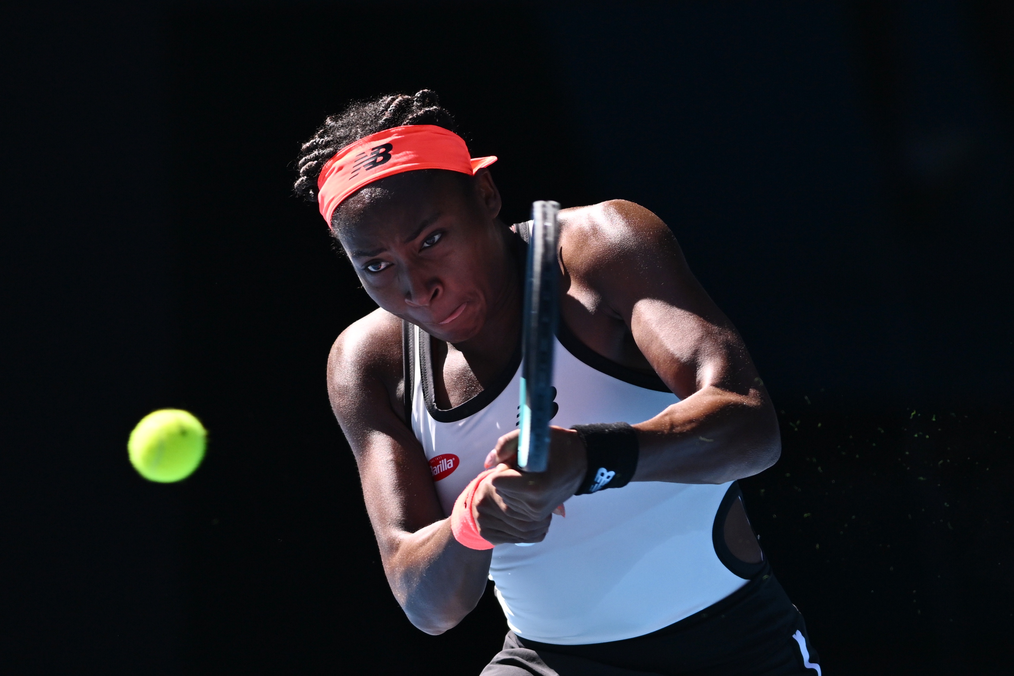 epa10417146 Coco Gauff of the US in action during her match against Bernarda Pera of the US during the 2023 Australian Open tennis tournament at Melbourne Park in Melbourne, Australia, 20 January 2023.  EPA-EFE/JOEL CARRETT AUSTRALIA AND NEW ZEALAND OUT
