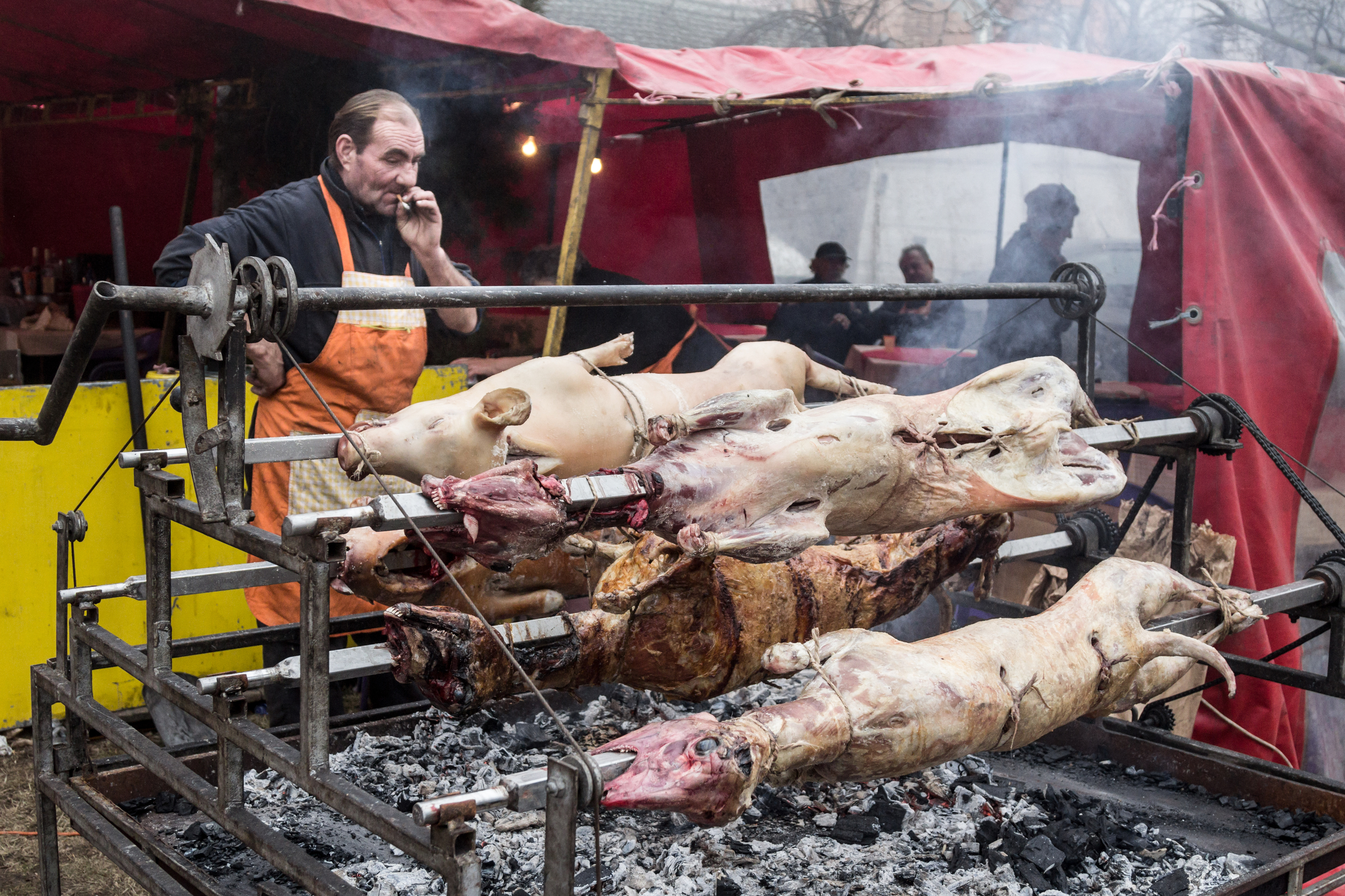 Kacarevo,,Serbia,-,February,18,,2017:,Man,Roasting,A,Pig