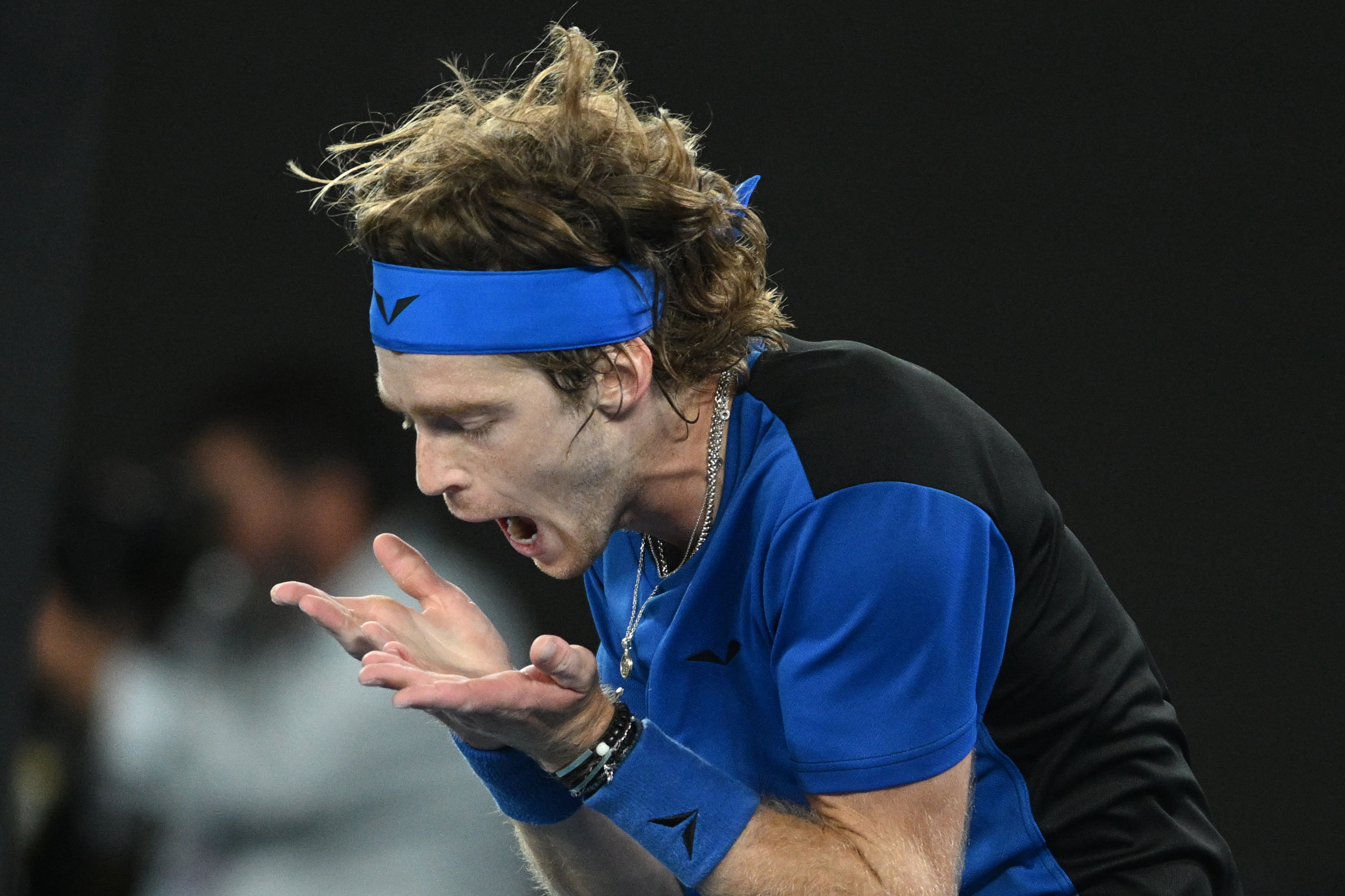 epa10428254 Andrey Rublev of Russia reacts during his quarterfinal match against Novak Djokovic of Serbia at the 2023 Australian Open tennis tournament in Melbourne, Australia, 25 January 2023.  EPA-EFE/JAMES ROSS AUSTRALIA AND NEW ZEALAND OUT