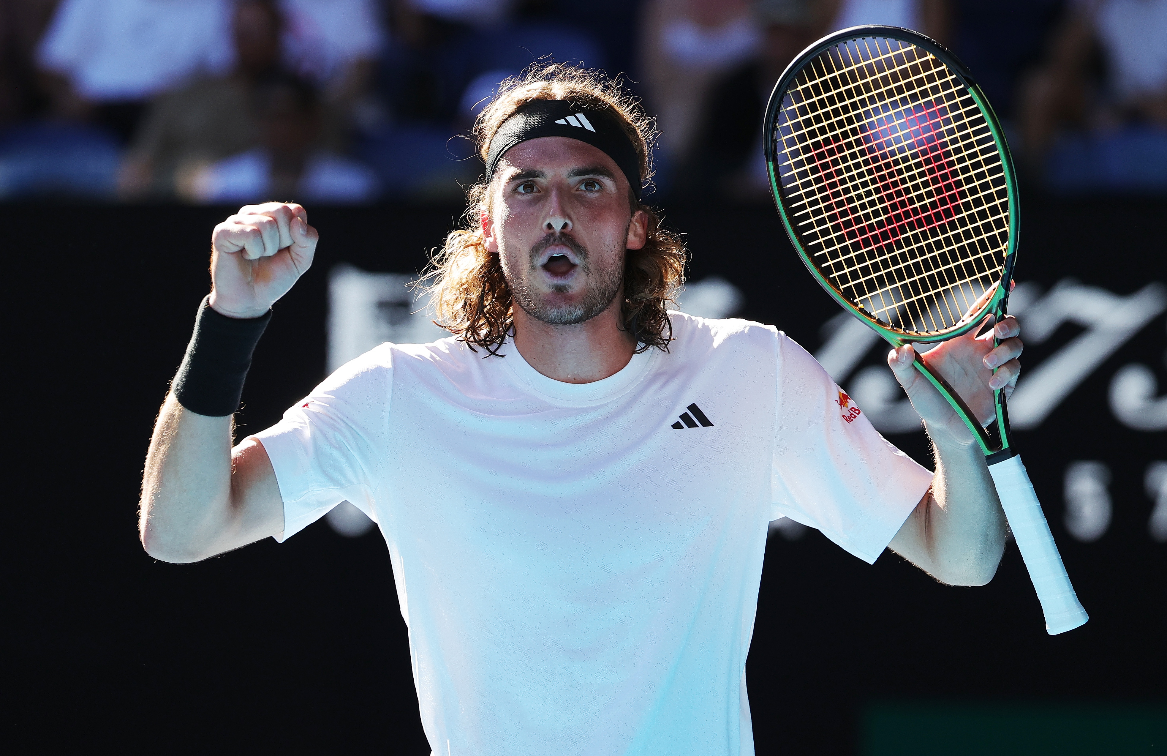 epa10432745 Stefanos Tsitsipas of Greece reacts while in action against Karen Khachanov of Russia during their men's semi final match at the Australian Open tennis tournament in Melbourne, Australia, 27 January 2023.  EPA-EFE/FAZRY ISMAIL