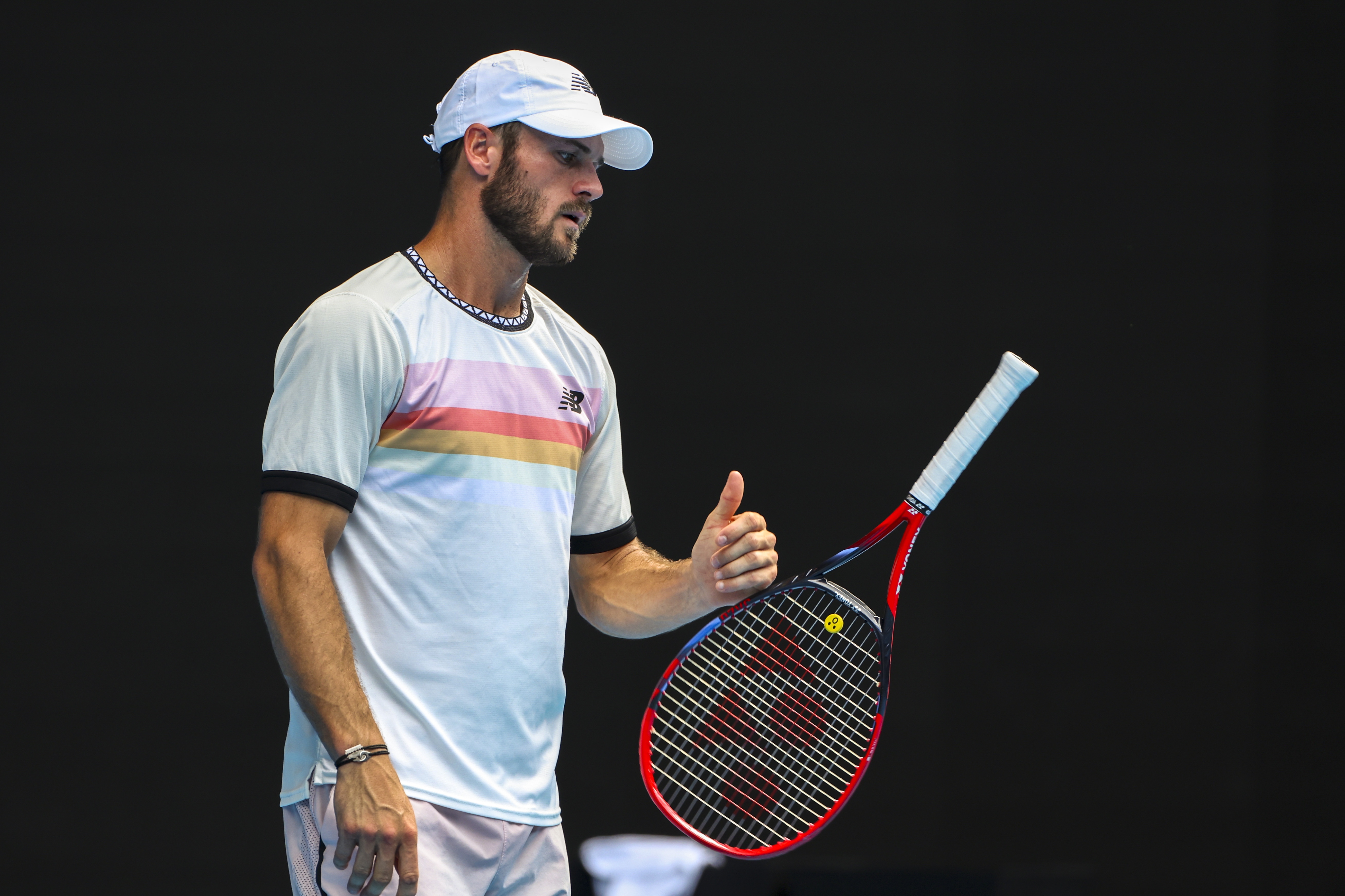 epa10427944 Tommy Paul of the USA reacts after a point against Ben Shelton of the USA during their quarter final match at the Australian Open tennis tournament in Melbourne, Australia 25 January 2023.  EPA-EFE/FAZRY ISMAIL