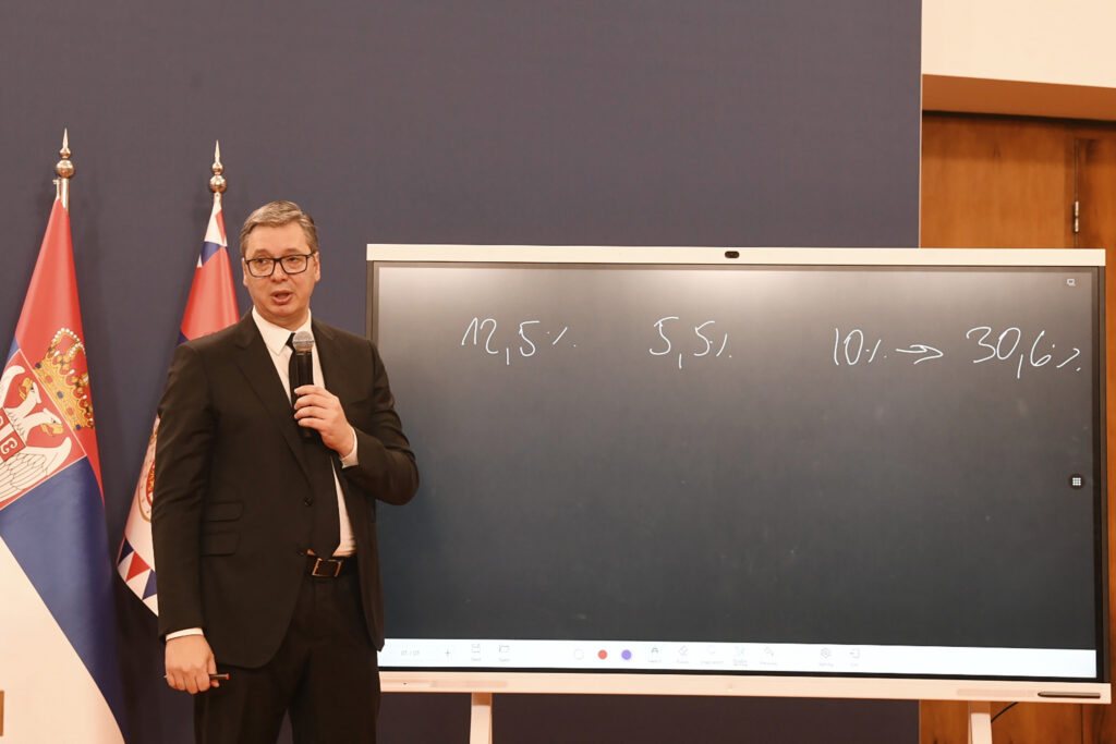 Beograd 07.06.2023. Konferencija za novinare predsednika Aleksandra Vučića u Palati Srbija drzi mikrofon tabla Foto:Vesna Lalić/Nova.rs