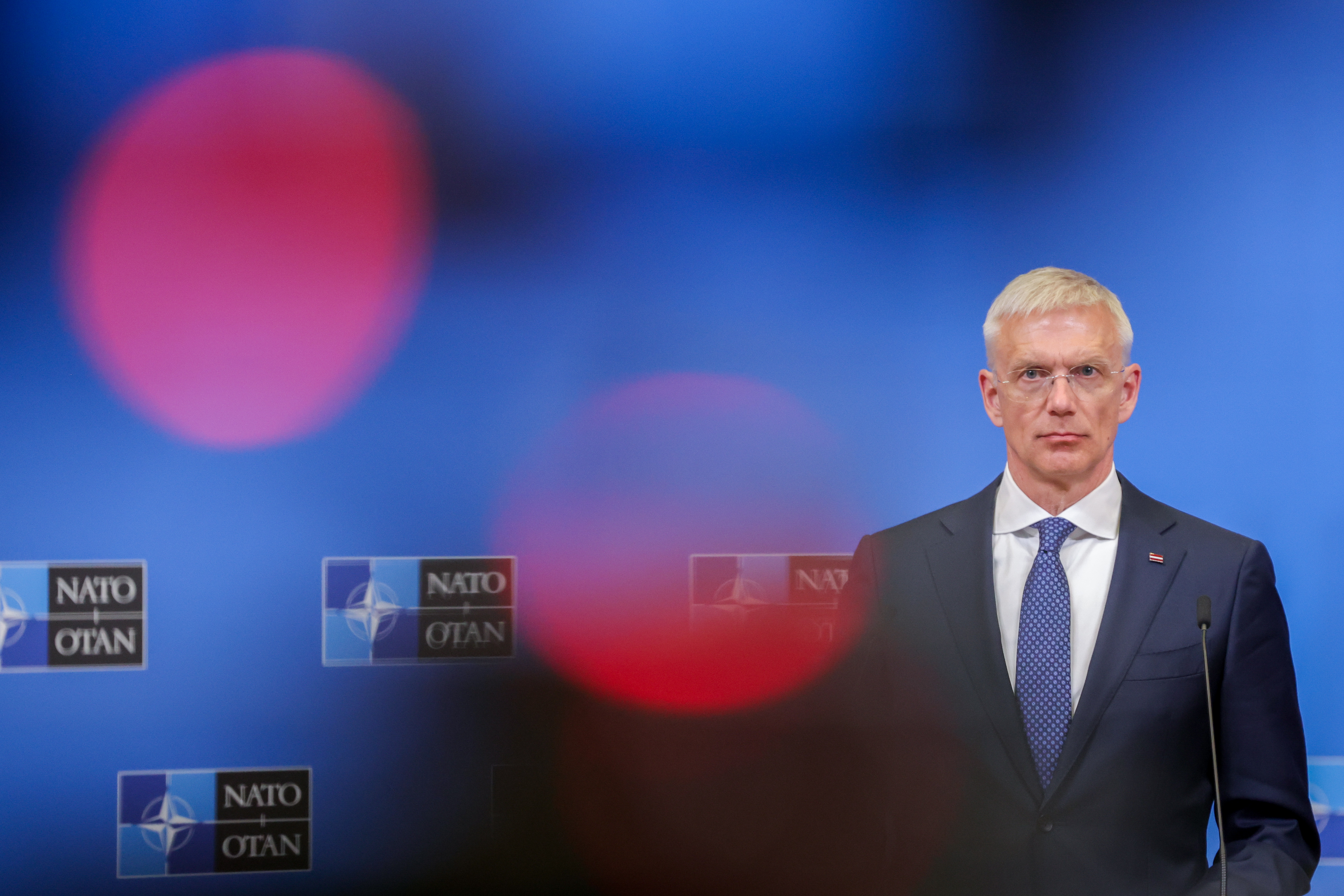epa10650512 Latvian Prime Minister Krisjanis Karins speaks during a press conference at the NATO headquarters in Brussels, Belgium, 24 May 2023.  EPA-EFE/OLIVIER MATTHYS