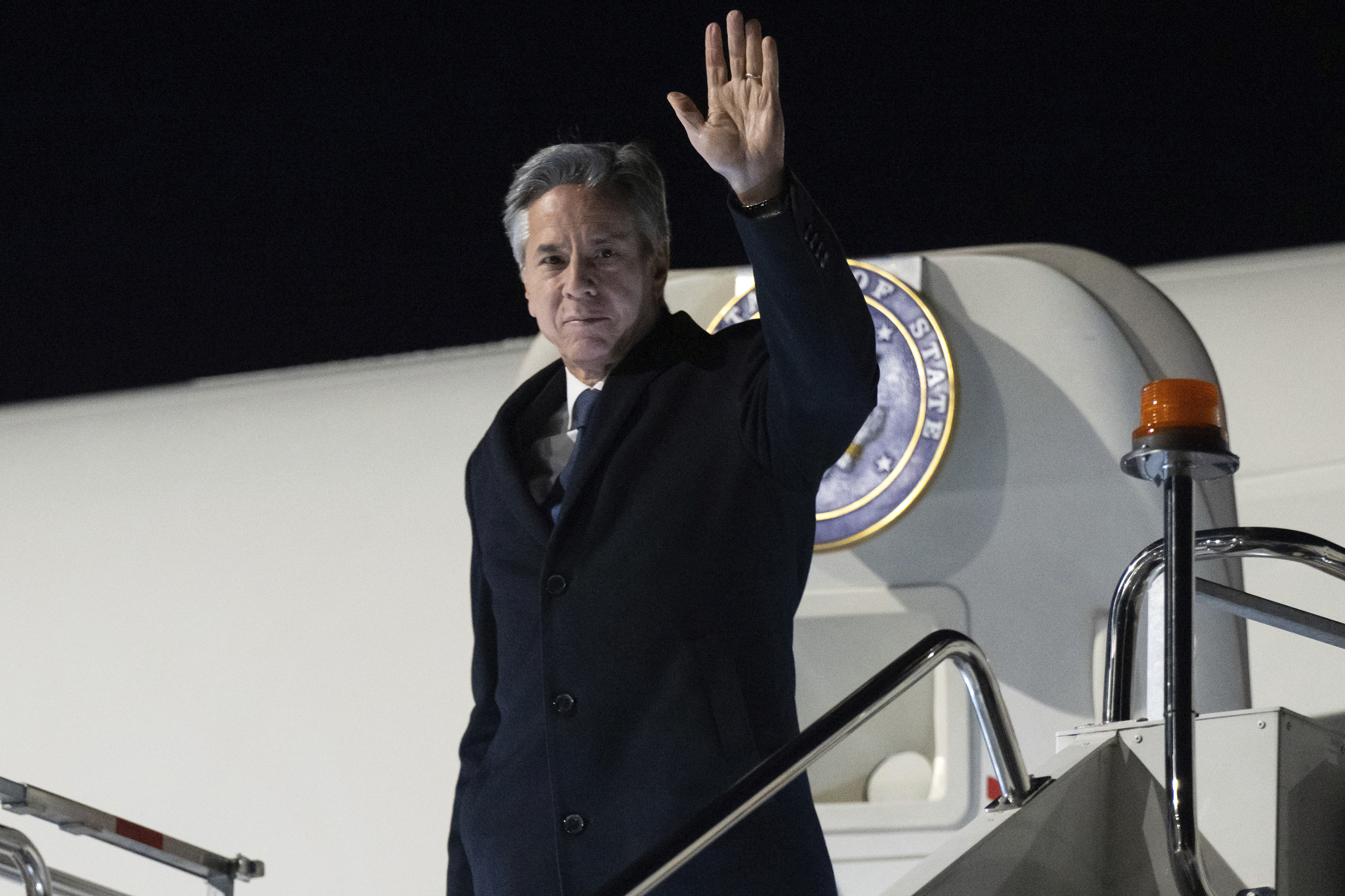 US Secretary of State Antony Blinken disembarks from his airplane upon his arrival at Skopje International Airport in Skopje, Wednesday Nov. 29, 2023, to attend the Organization for Security and Co-operation (OSCE) meeting. (Saul Loeb/Pool via AP)