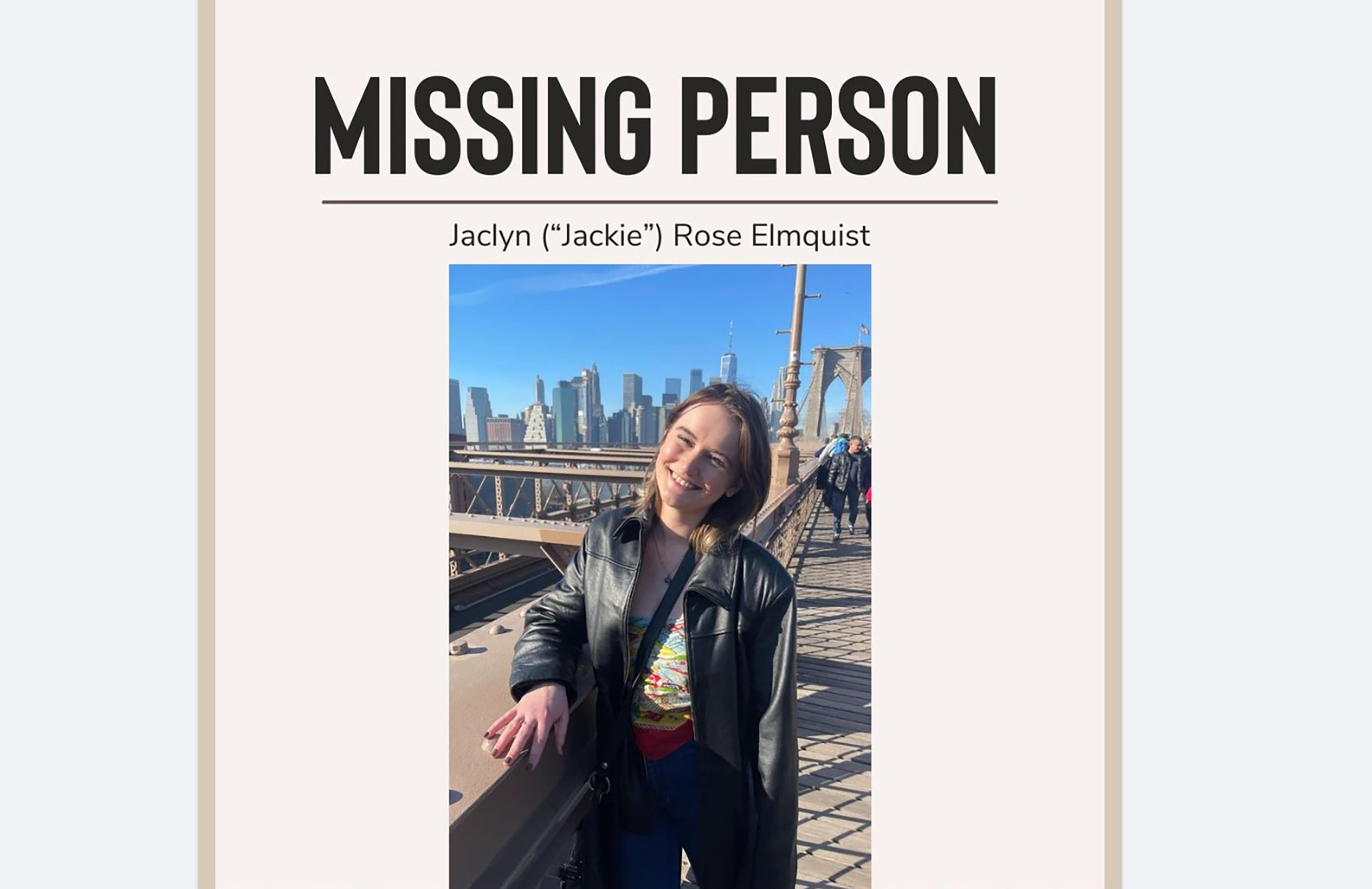 Jaclyn Elmquist
Missing Minnesota woman, 24, found dead in luxury Manhattan condo building
