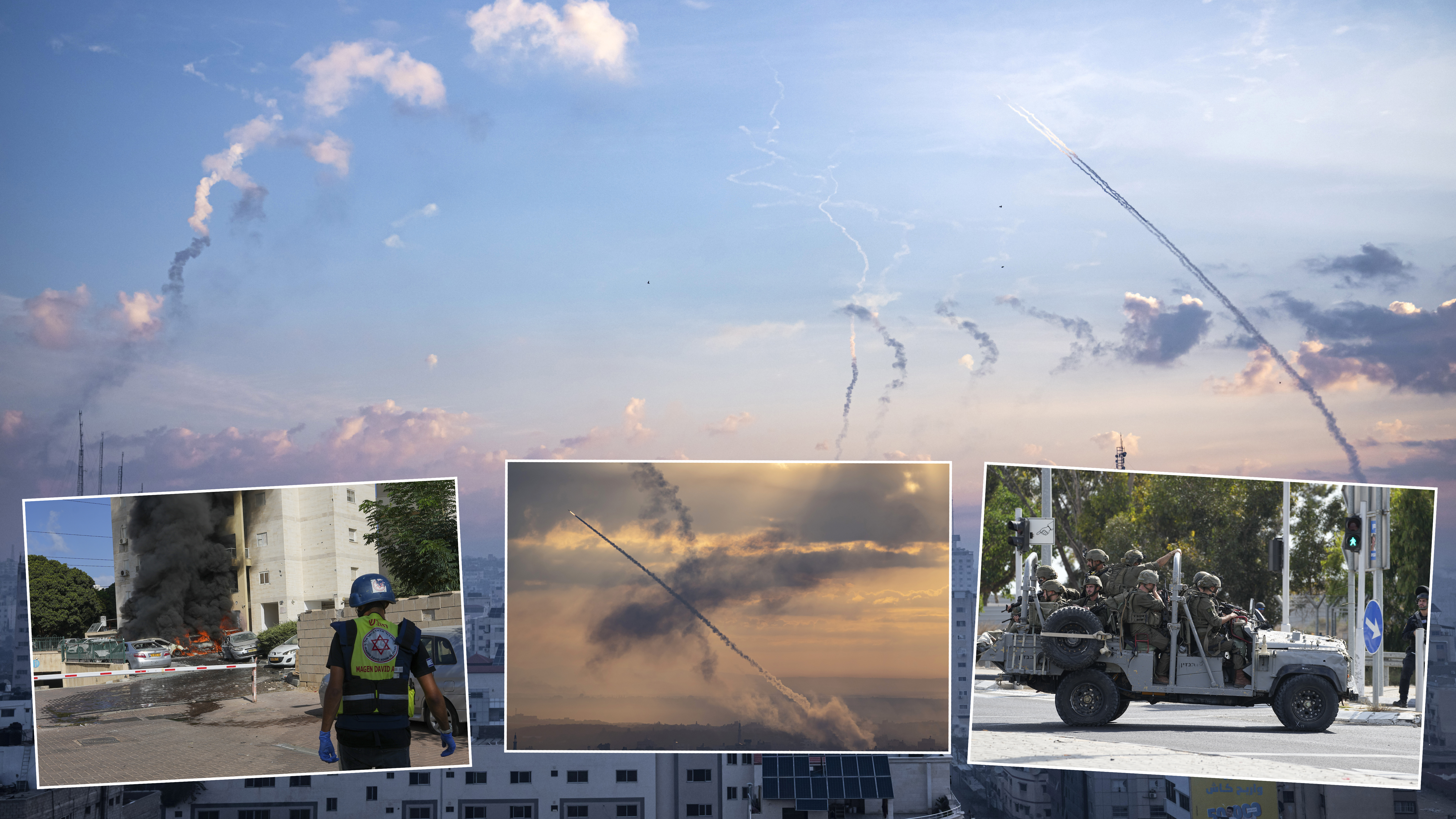 Izrael, rat, napad, pojas Gaze, kombo
Rockets are fired toward Israel from Gaza, Saturday, Oct. 7, 2023. (AP Photo/Fatima Shbair)