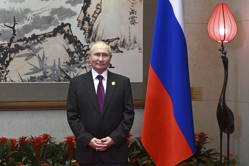 Russian President Vladimir Putin waits to meet Mongolia's President Ukhnaagiin Khurelsukh for their talks on the sidelines of the Belt and Road Forum in Beijing, China, on Tuesday, Oct. 17, 2023. (Sergei Guneyev, Sputnik, Kremlin Pool Photo via AP)