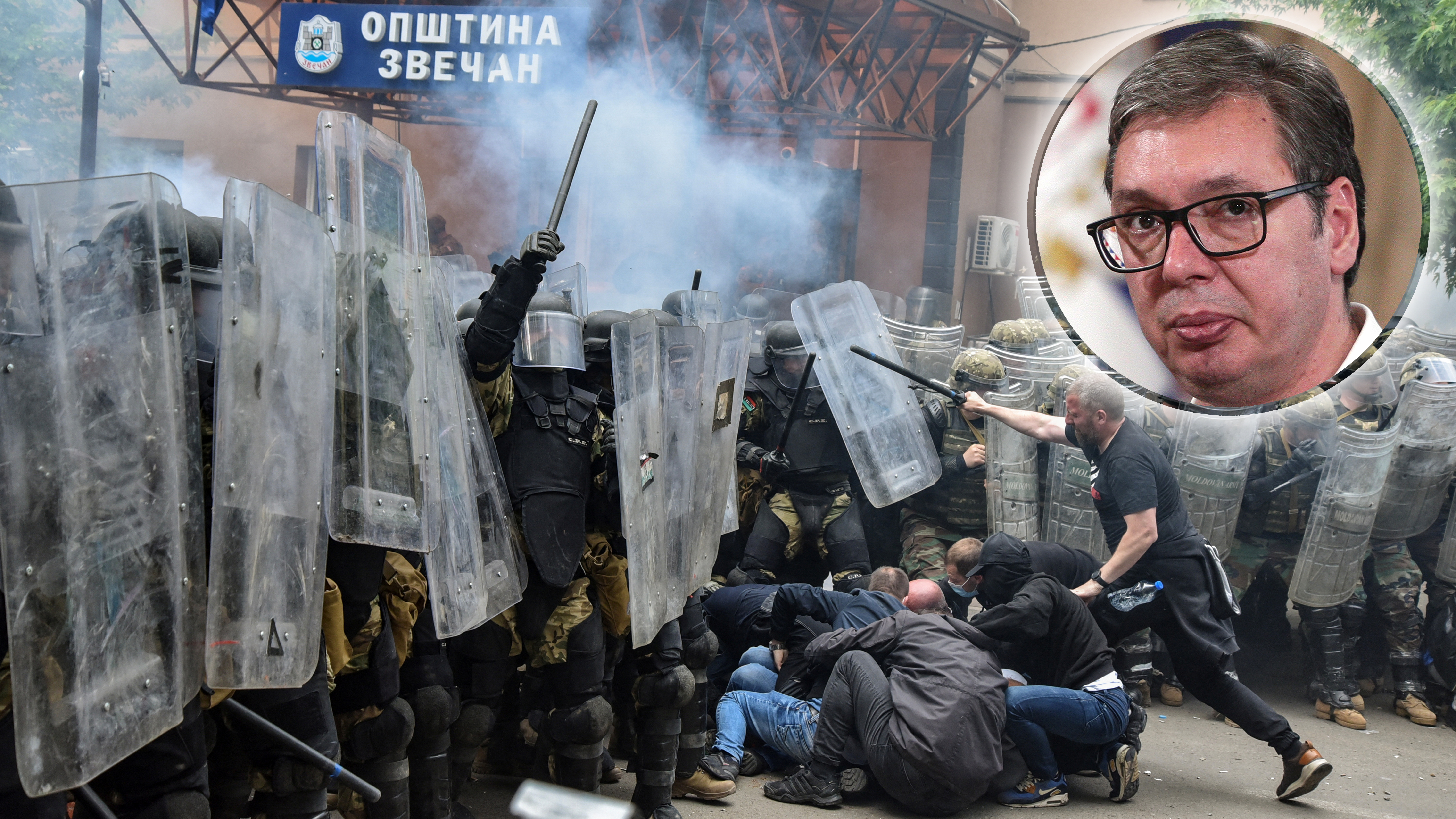 NATO Kosovo Force (KFOR) soldiers clash with local Kosovo Serb protesters in the town of Zvecan