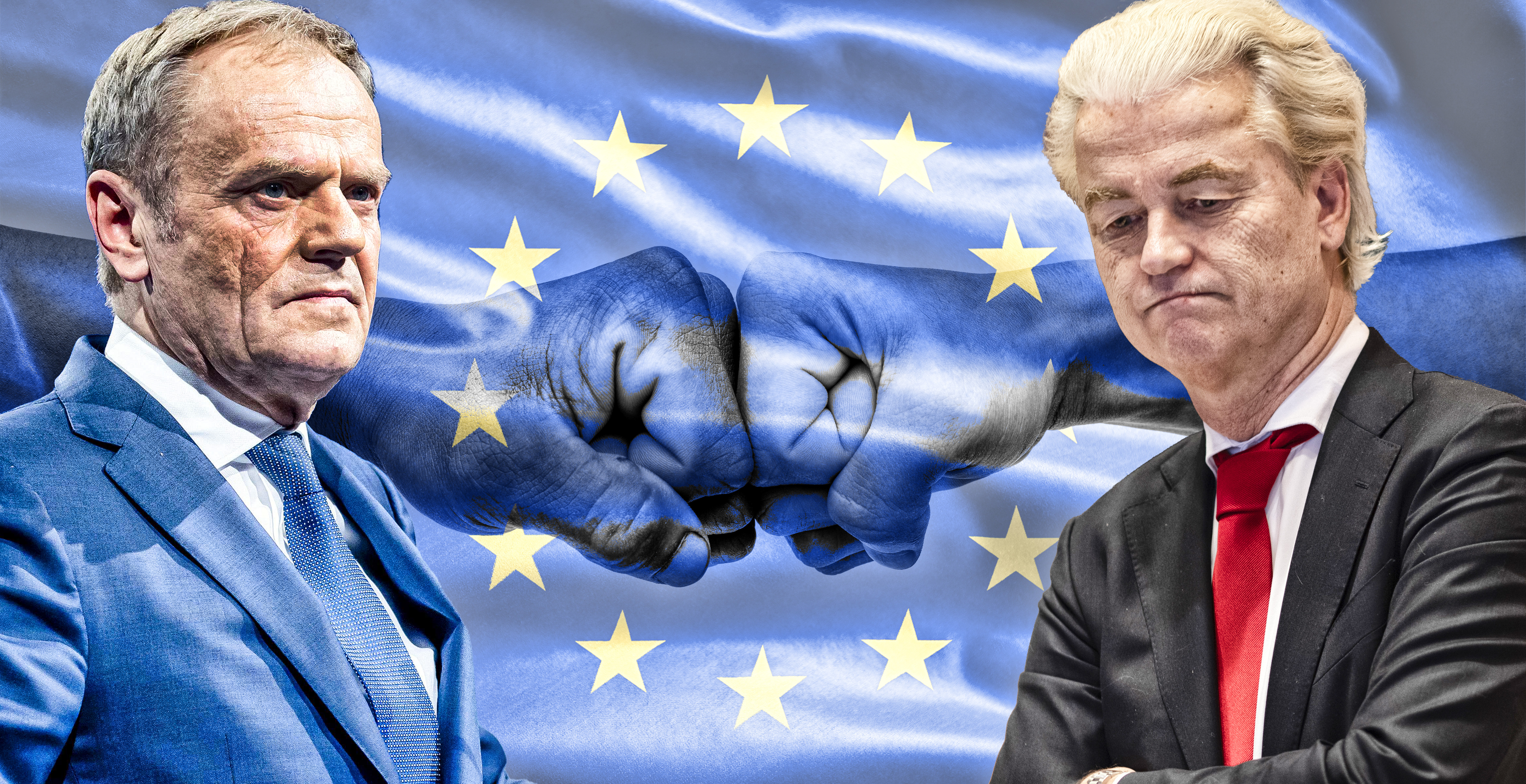 Gert Vilders (Holandija) i Donald Tusk (Poljska) i iza zastava EU i one sukobljene pesnice Man giving fist bump, monochrome, black and white image.
