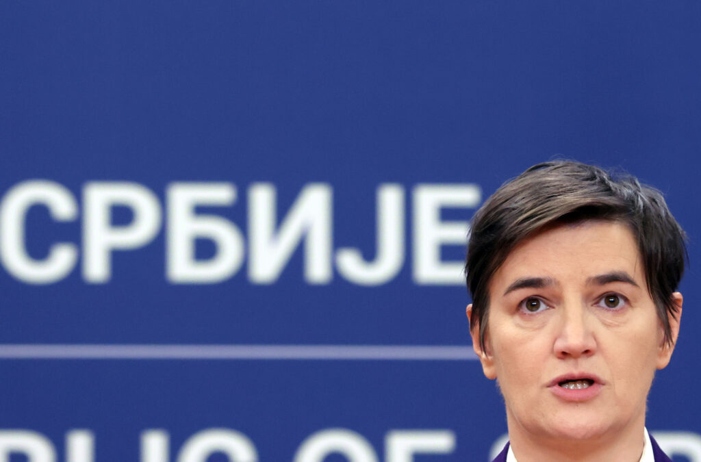 epa10552335 Serbia's Prime Minister Ana Brnabic talks during the press conference with North Macedonia's Prime Minister after their meeting in Belgrade, Serbia, 31 March 2023. Prime Minister Kovacevski is on official visit to Serbia.  EPA-EFE/ANDREJ CUKIC