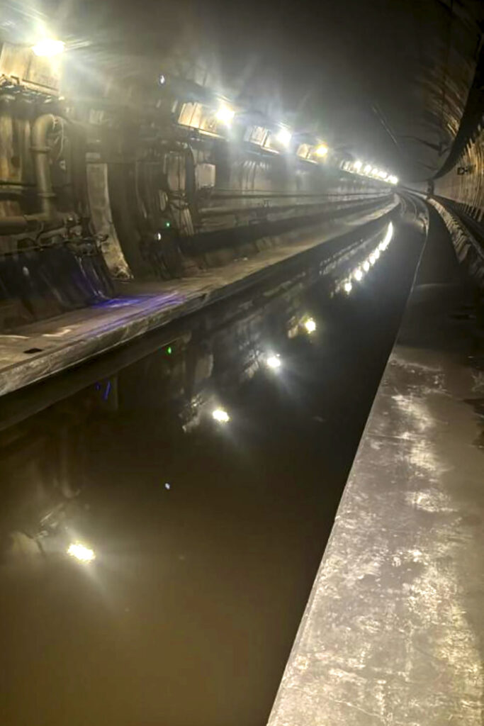 A view of the flooded Ebbsfleet Tunnel as Eurostar trains from London were cancelled after tunnel floods, Saturday, Dec. 30, 2023. (Southeastern Railway via AP)