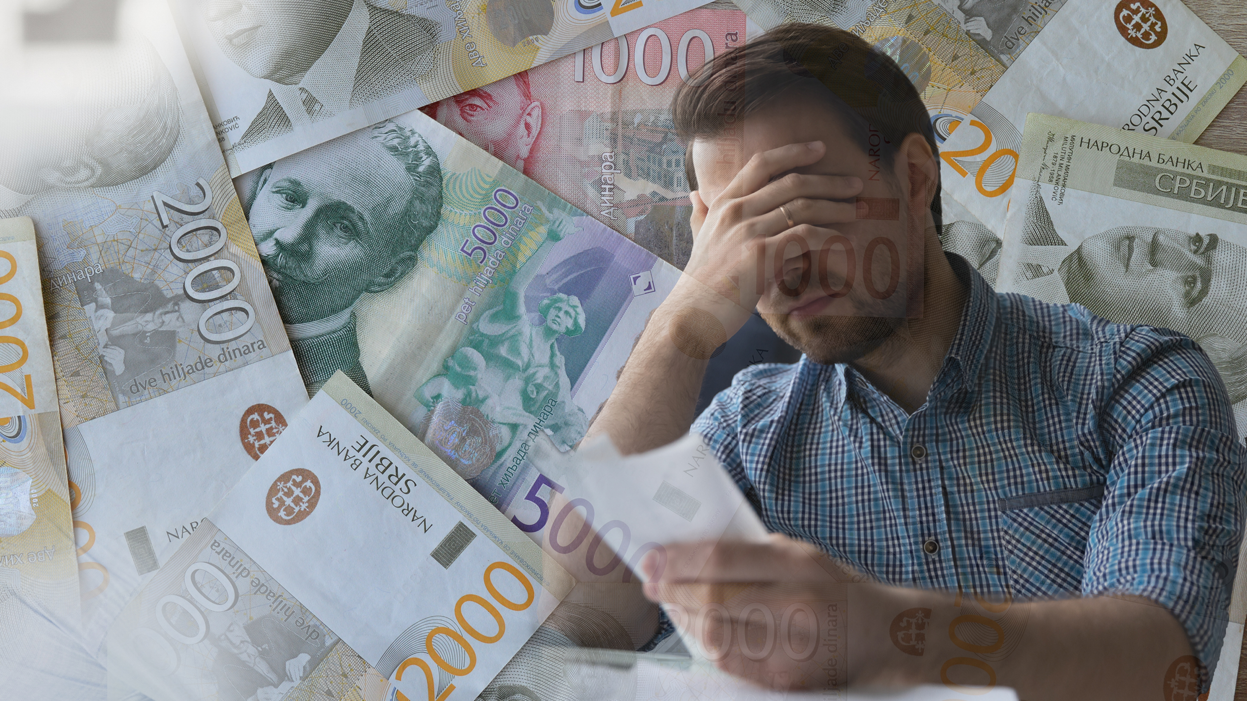 lađi čovek koji se drži za glavua kao i neki novac