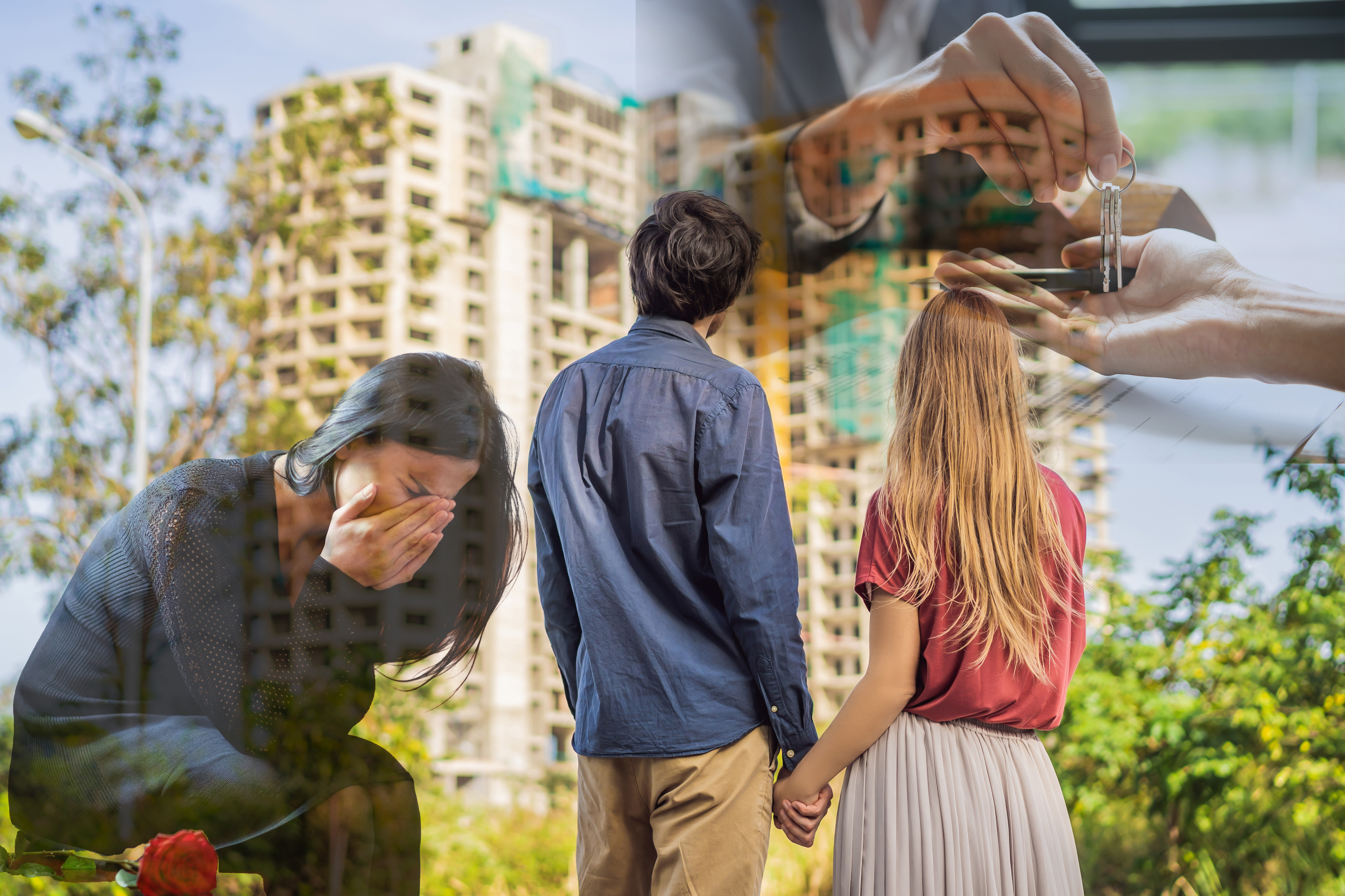 Kredit za stan smrt tokom otplate kredita Couple looking at their new house under construction, planning future and dreaming. Young family dreaming about a new home. Real estate concept