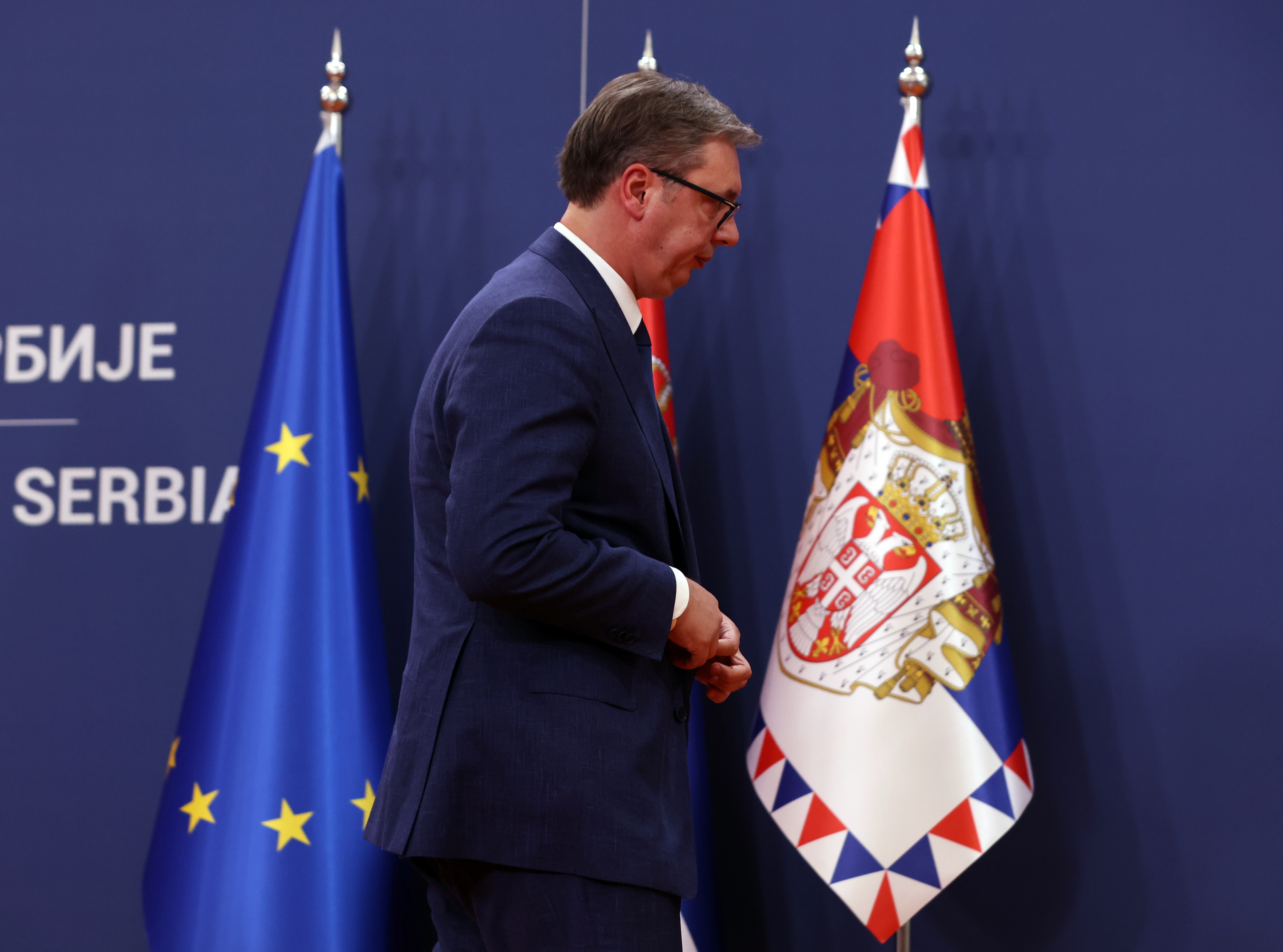 Serbian President Aleksandar Vucic holds a press conference on situation in Kosovo