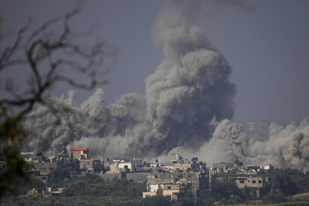 Smoke rises following an Israeli airstrike in the Gaza Strip, as seen from southern Israel, Monday, Oct. 23, 2023. (AP Photo/Ariel Schalit)