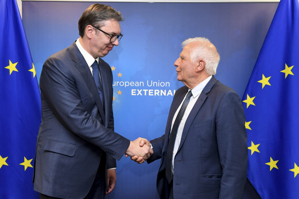 European Union foreign policy chief Josep Borrell, right, greets Serbian President Aleksandar Vucic prior to a high-level Belgrade-Pristina dialogue meeting at the EEAS building in Brussels, Tuesday, May 2, 2023. (AP Photo/Fred Sierakowski)