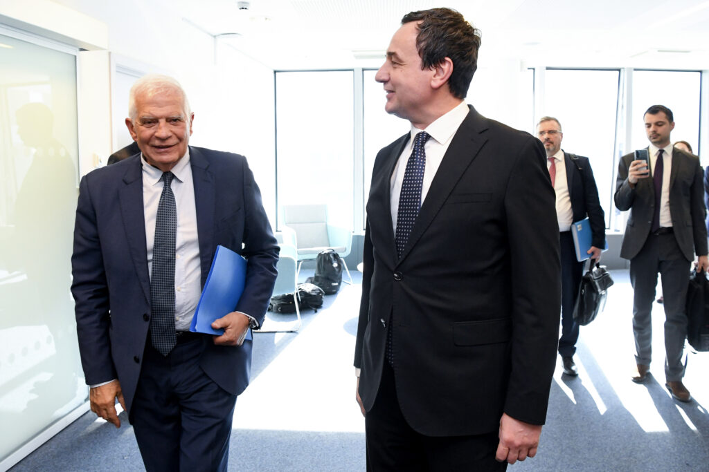 European Union foreign policy chief Josep Borrell, left, walks with Kosovo's Prime Minister Albin Kurti prior to a high-level Belgrade-Pristina dialogue meeting at the EEAS building in Brussels, Tuesday, May 2, 2023. (AP Photo/Fred Sierakowski)