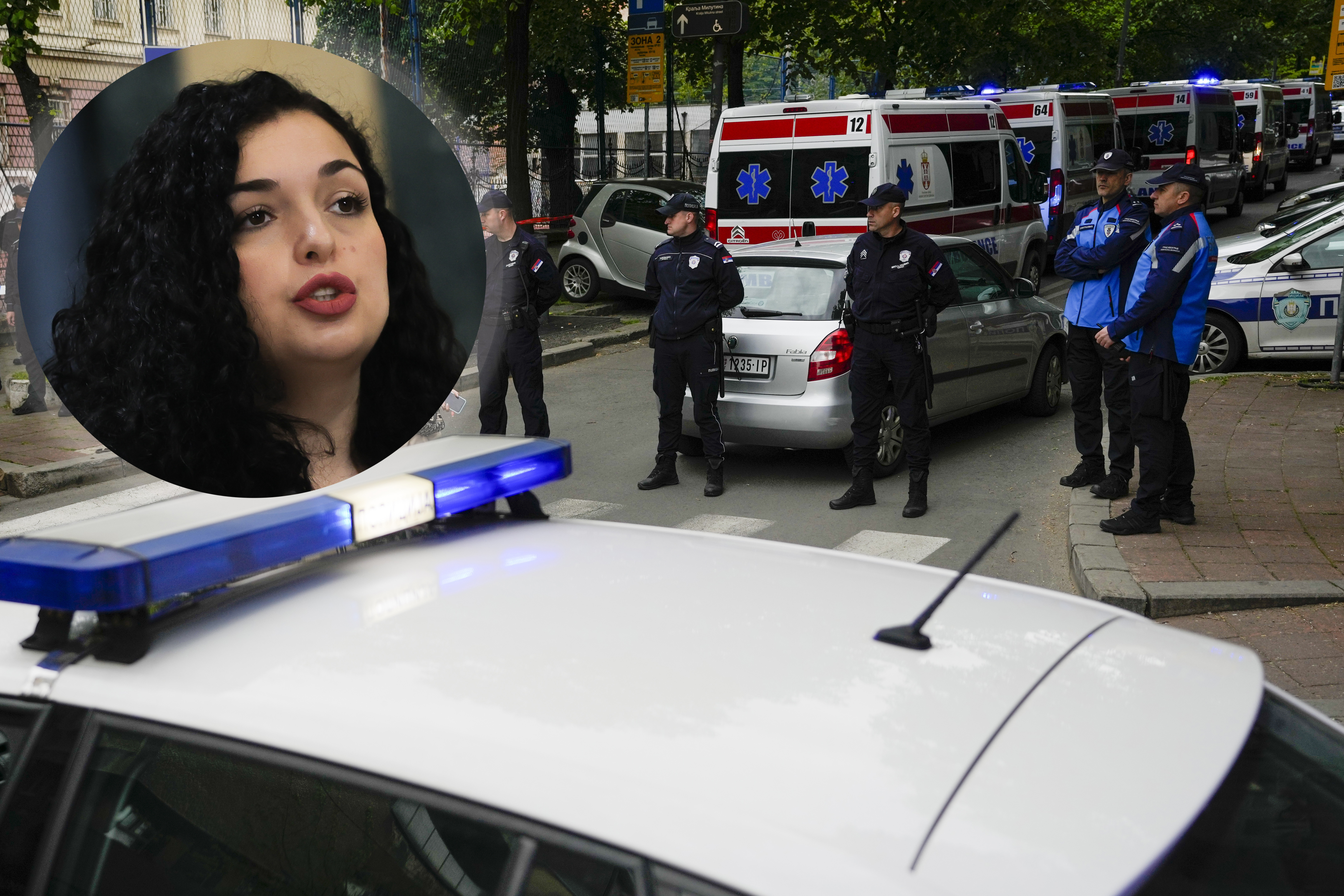 Police block street around the Vladislav Ribnikar school in Belgrade, Serbia, Wednesday, May 3, 2023. A teenage boy opened fire early Wednesday in a school in central Belgrade, causing injuries. (AP Photo/Darko Vojinovic)