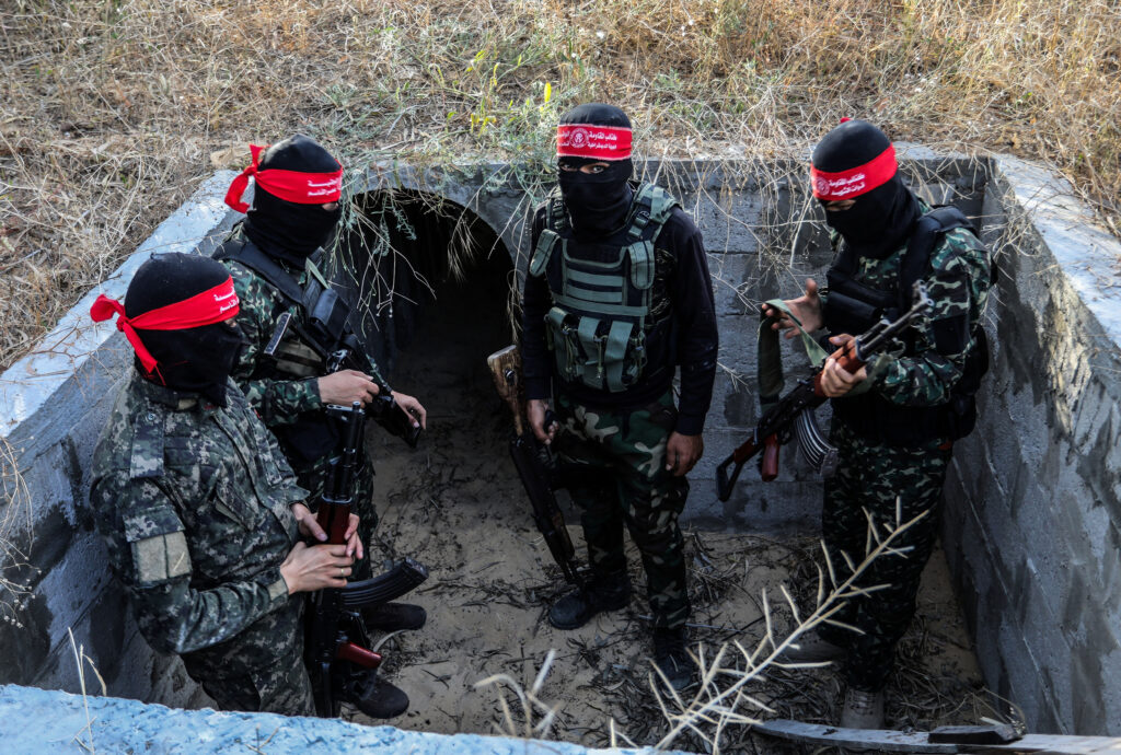Fighters from the Democratic Front for the Liberation of Palestine (DFLP) take part in training drills in the southern Gaza Strip, on May 19, 2023.