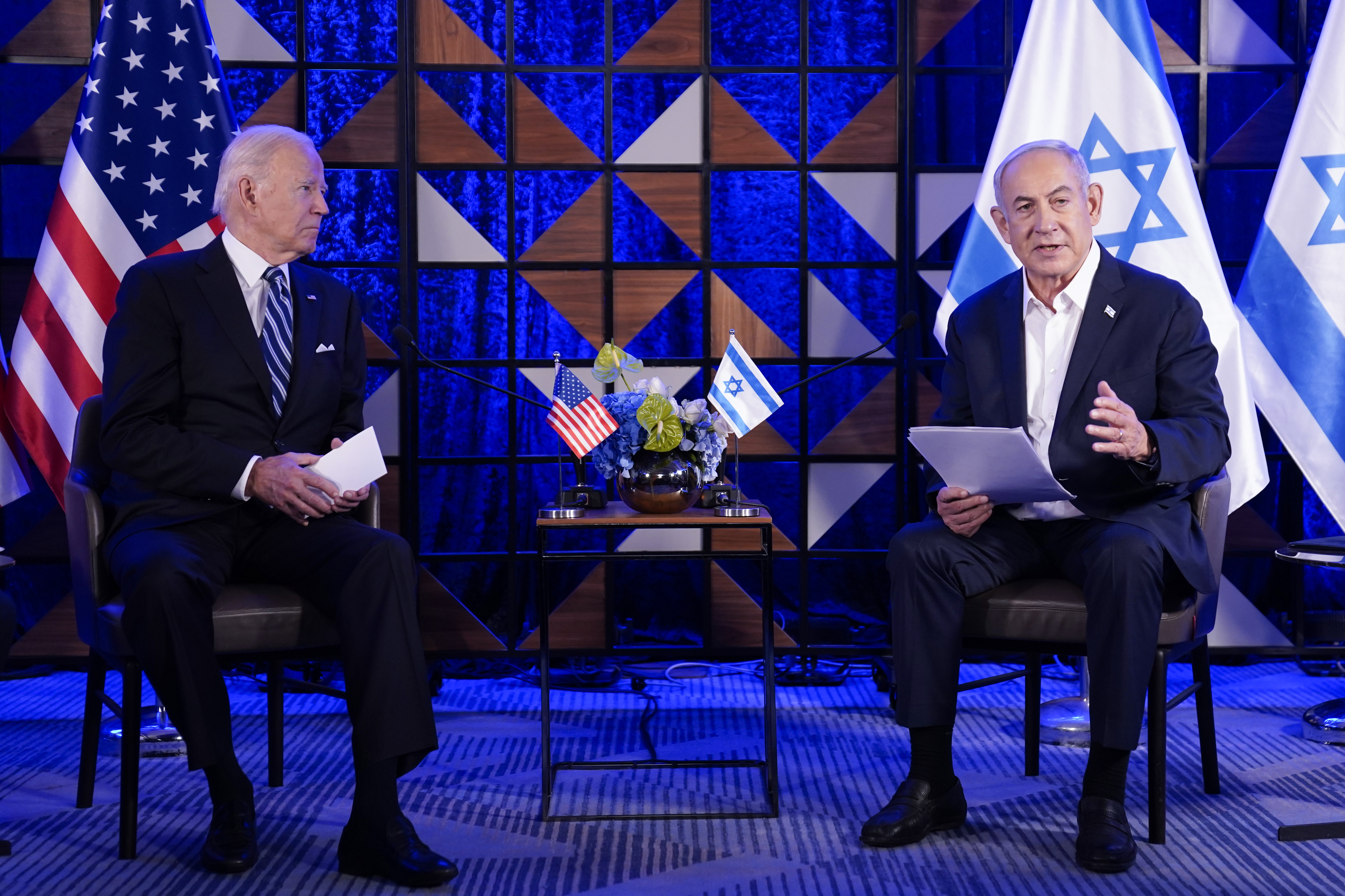 President Joe Biden meets with Israeli Prime Minister Benjamin Netanyahu, Wednesday, Oct. 18, 2023, in Tel Aviv. (AP Photo/Evan Vucci)