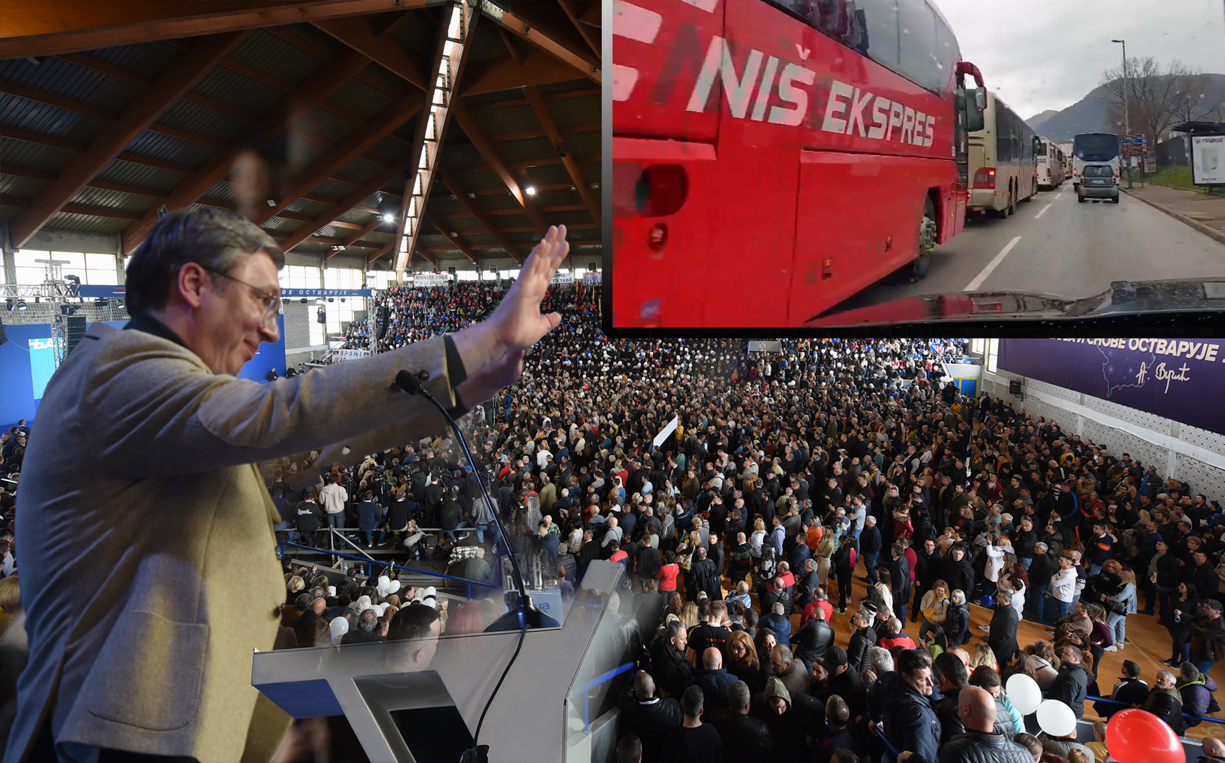 vucic vranje guzva aztobusi Vranje, 11. marta 2023.- Predsednik Aleksandar Vučić u poseti Pčinskom okrugu. Obraćanje građanima u Sportskoj hali Vranje. FOTO TANJUG/ MILOŠ MILIVOJEVIĆ/ bs