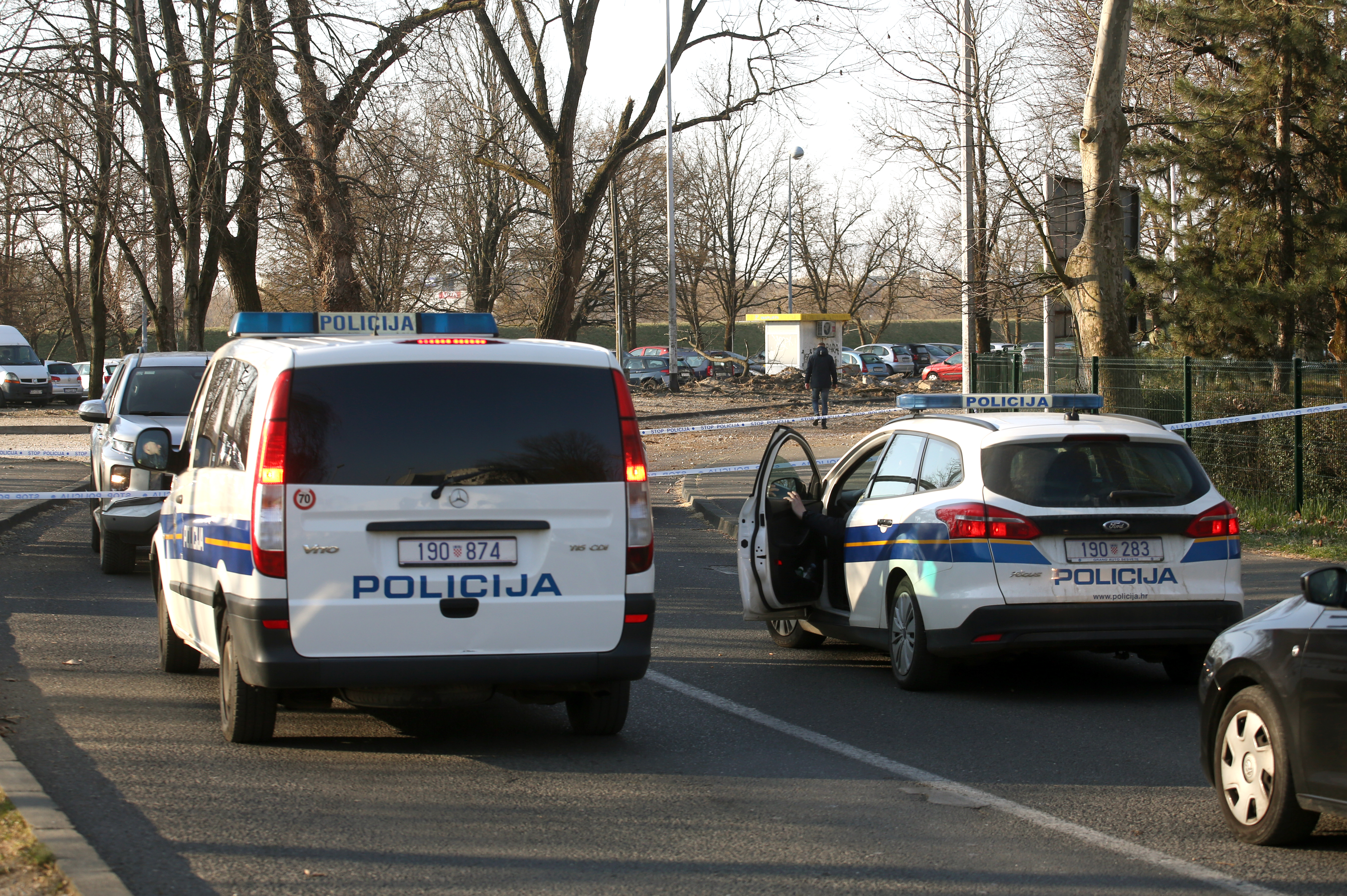 epa09816692 Croatian police gather at the site where a military drone crashed in Zagreb, Croatia, 11 March 2022. The Croatian Defense Ministry confirmed that an unidentified military drone crashed in downtown Zagreb on 11 March.  EPA-EFE/ANTONIO BAT