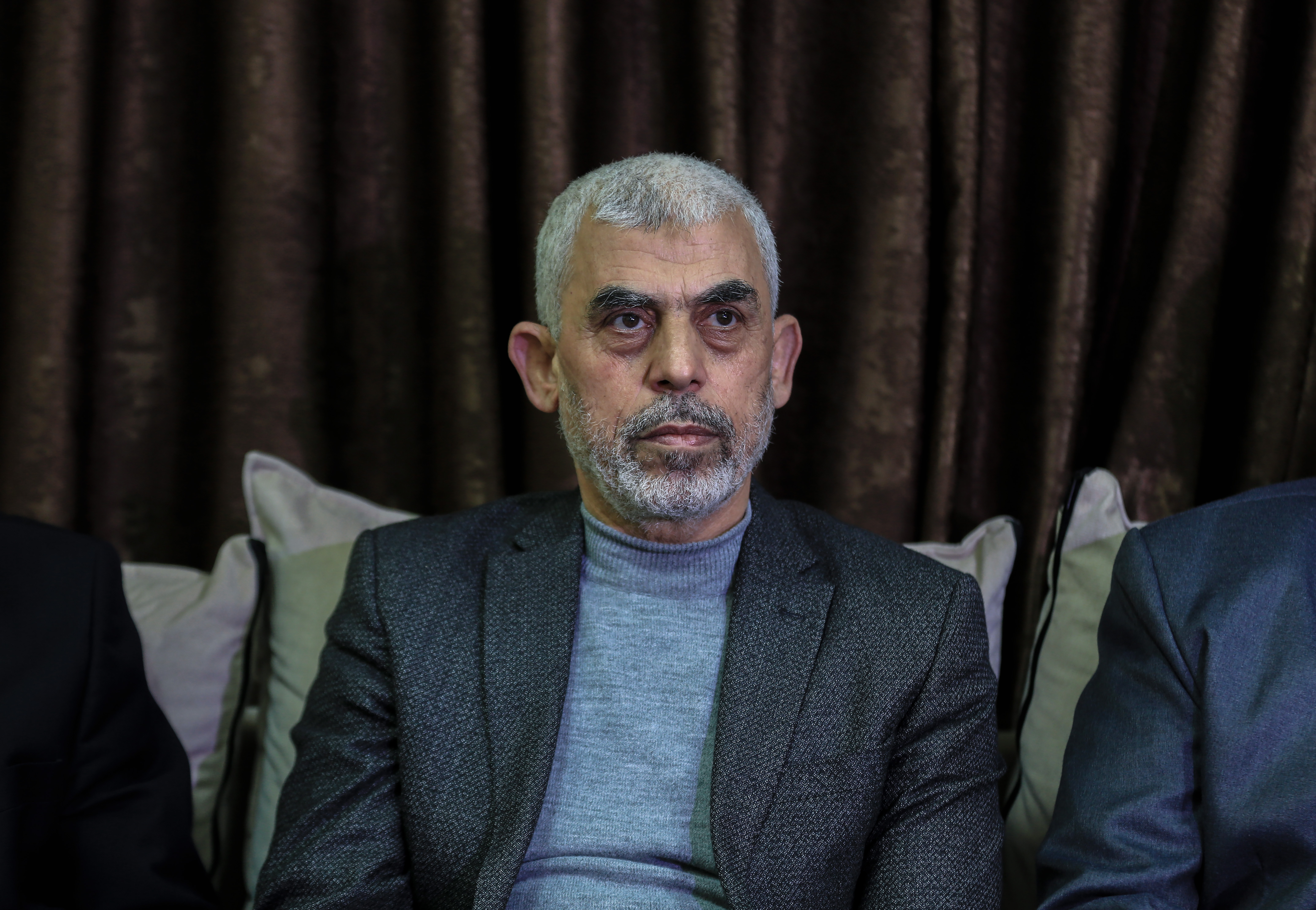 epa09066583 Hamas Gaza leader Yahya Al Sinwar attends a press conference after Hamas announcing  his victory in Gaza City, Gaza Strip, 10 March 2021. Sinwar was re-elected as Gaza Hamas leader on 10 March 2021.  EPA-EFE/MOHAMMED SABER