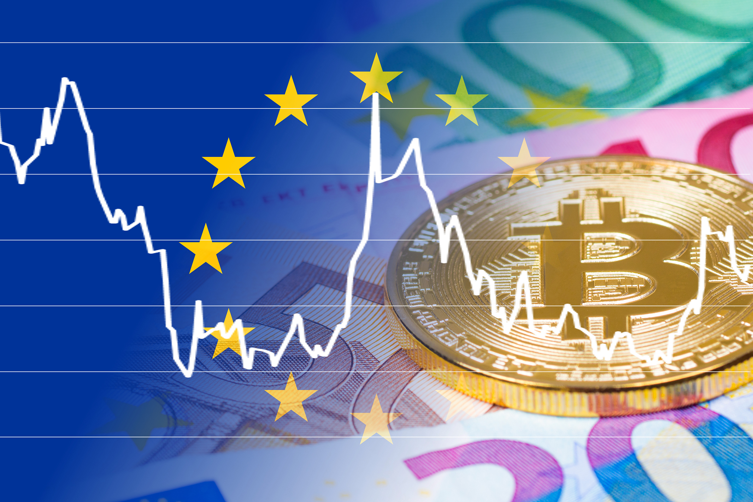 golden bitcoin coin withFoto: Shutterstock euro banknotes and currency exchange rate