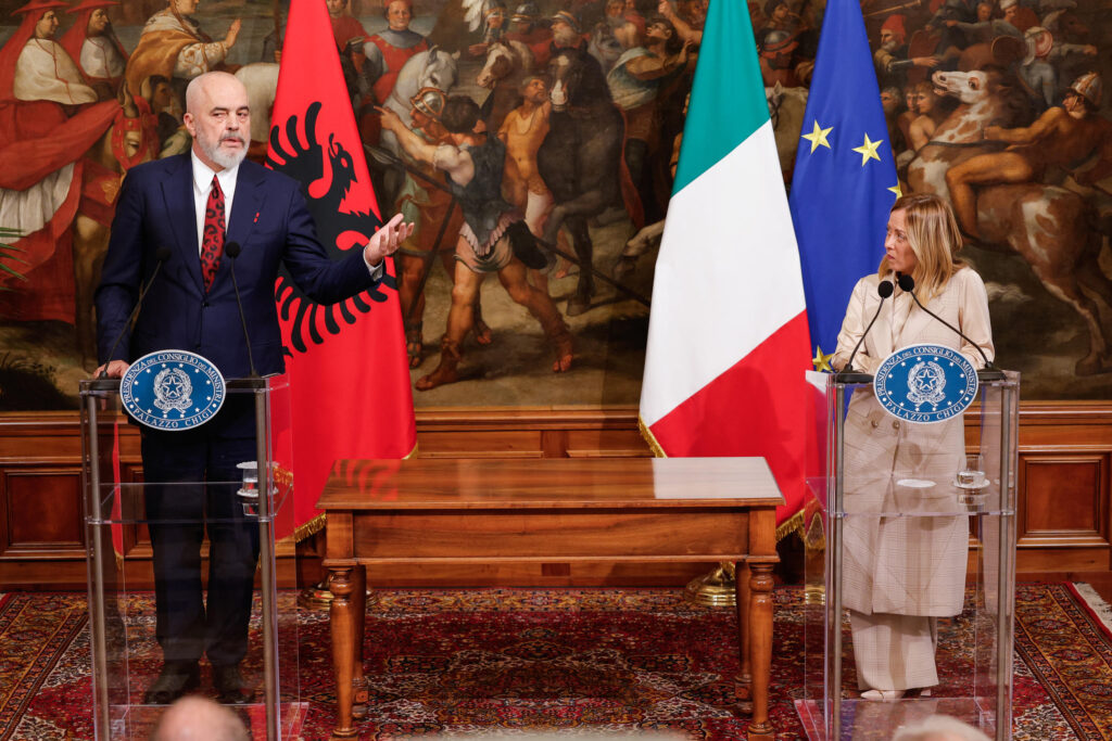 epa10960742 Italy's Prime Minister Giorgia Meloni (R) and Albania's Prime Minister Edi Rama (L) attend a press conference at Chigi Palace in Rome, Italy, 06 November 2023.  EPA-EFE/GIUSEPPE LAMI