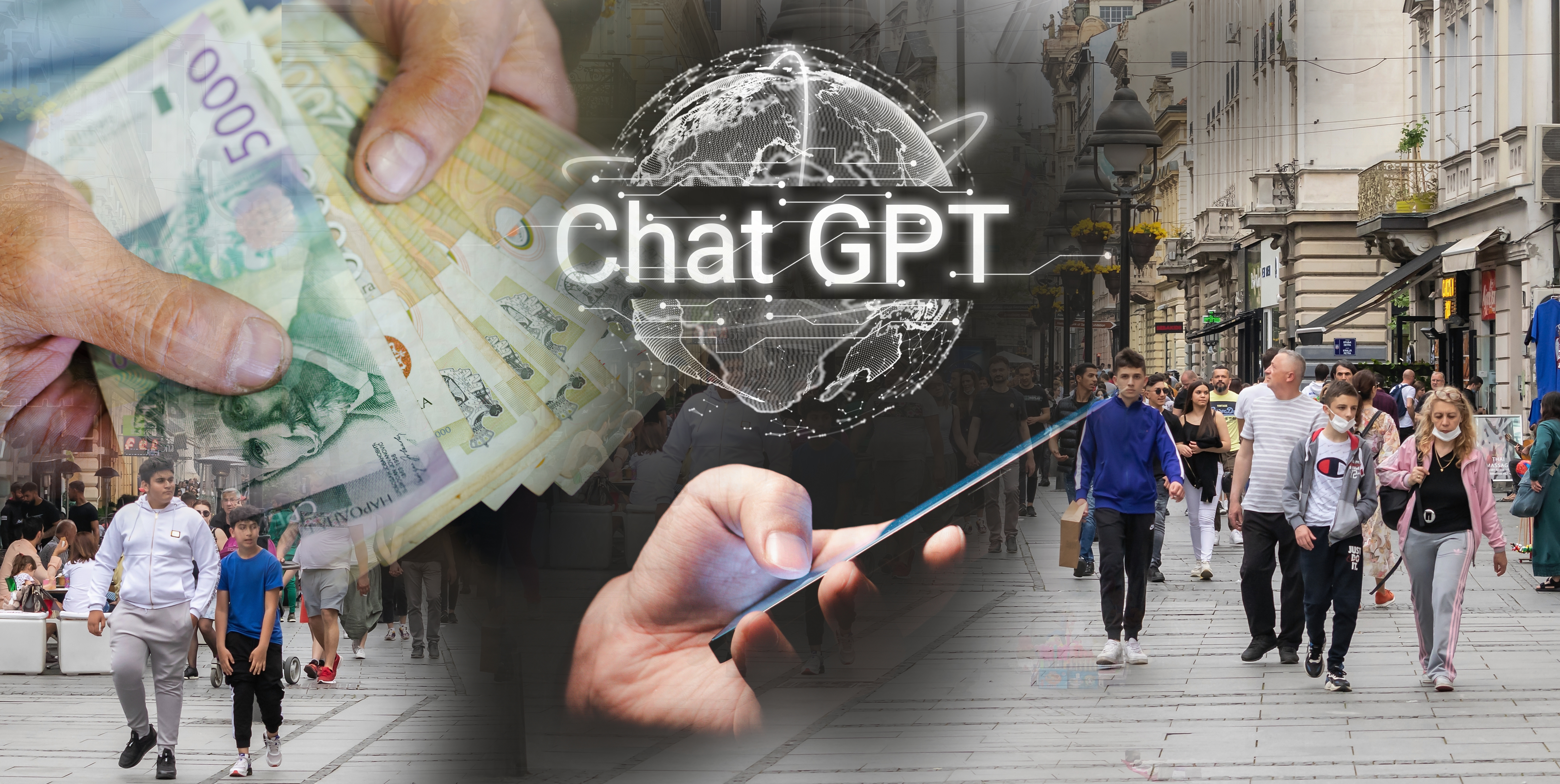 Chat GPT, Chat bot assistant. artificial intelligence Ai Chat GPT, AI technology to assist humans work Pitala sam veštačku inteligenciju u šta da uložim novac u Srbiji
kombić - chatGPT, dinari i nešto vezano za Srbiju, neka ulica sa ljudima npr.