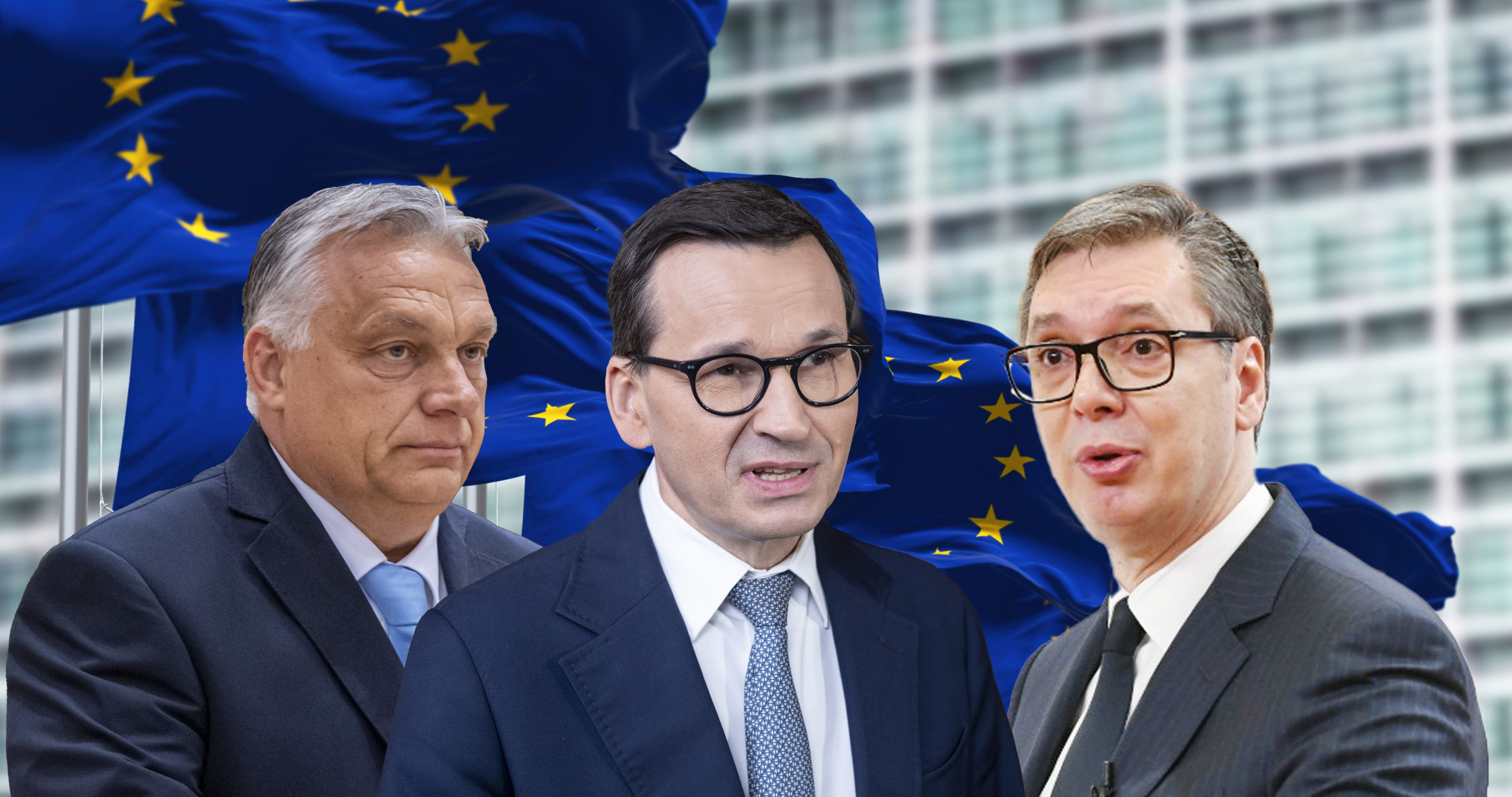 group of flags of the European Union waving in the wind in front of the European Parliament building.  kombo mateuš moravjecki, viktor orban, vučić i iza zastava EU